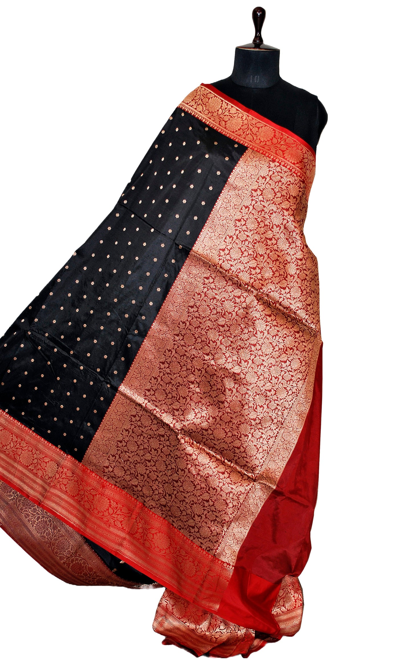 Premium Quality Banarasi Silk Saree in Bright Black, Red and Gold