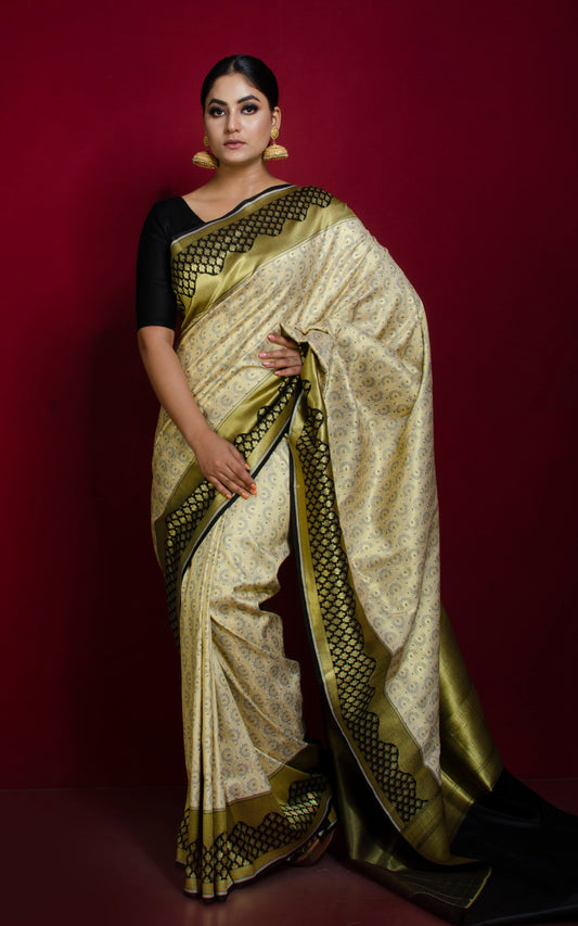 Tanchui Brocade Work Katan Silk Saree in Off White, Brush Gold and Black