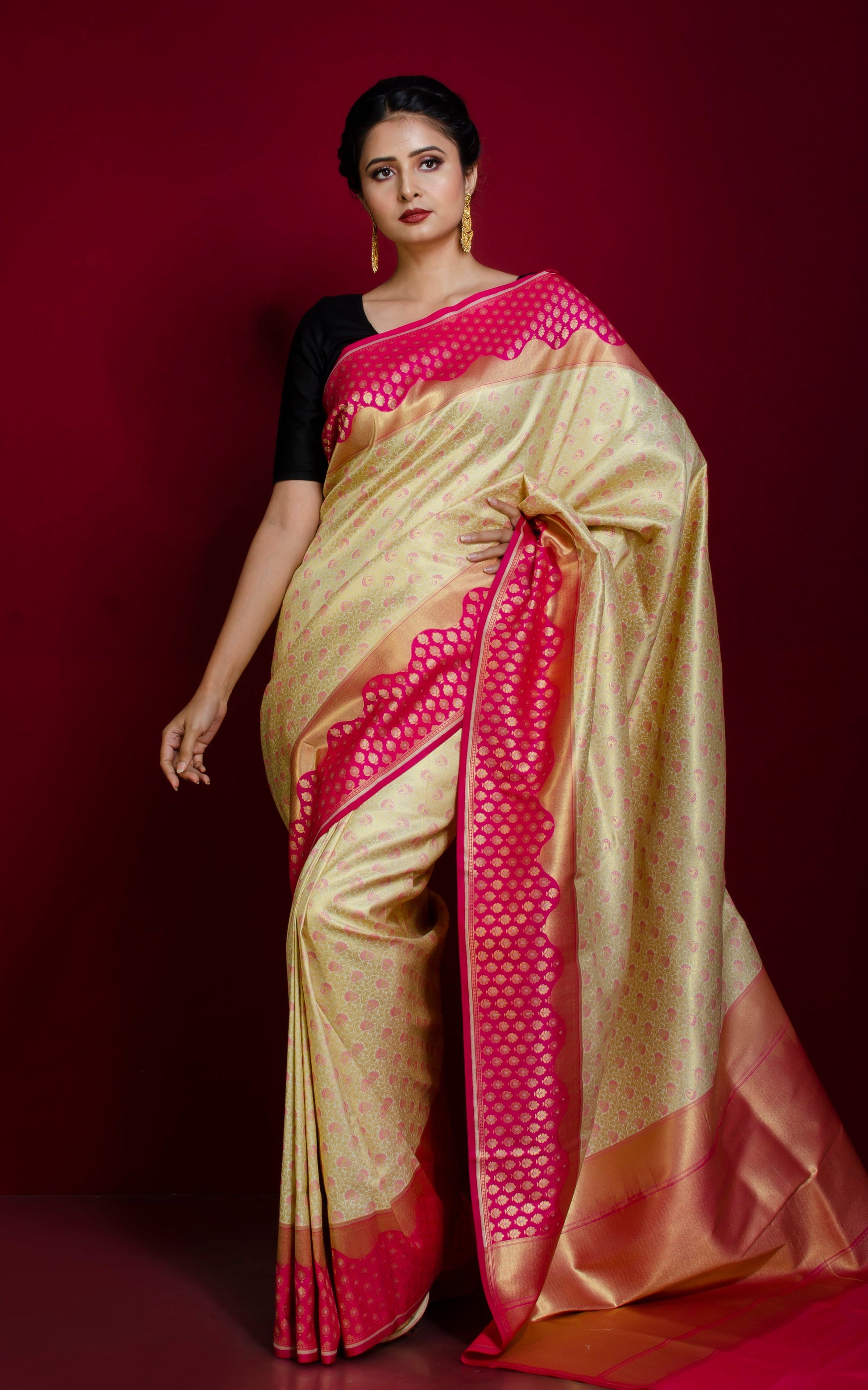 Tanchui Brocade Work Katan Silk Saree in Off White, Brush Gold and Magenta Pink