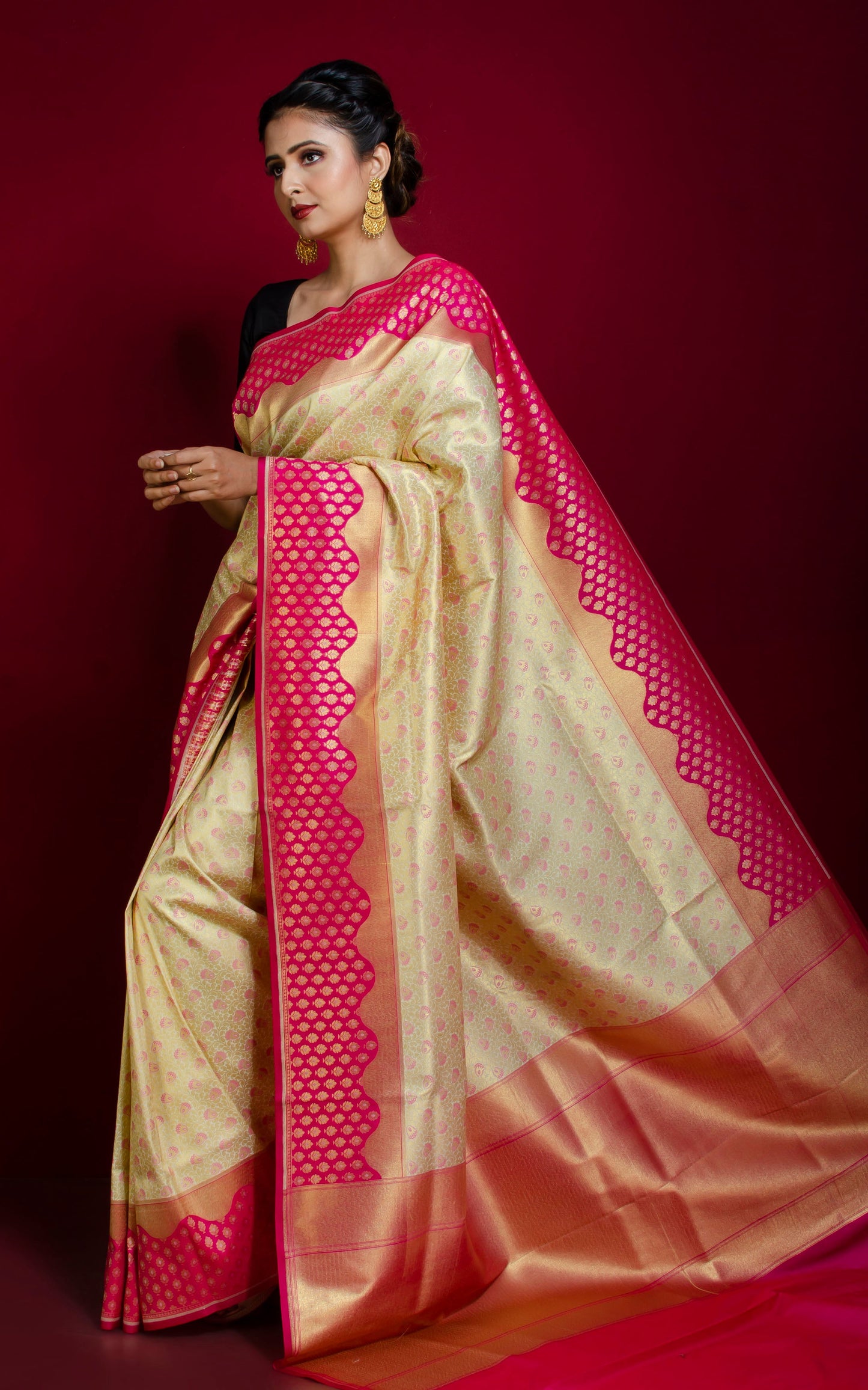 Tanchui Brocade Work Katan Silk Saree in Off White, Brush Gold and Magenta Pink