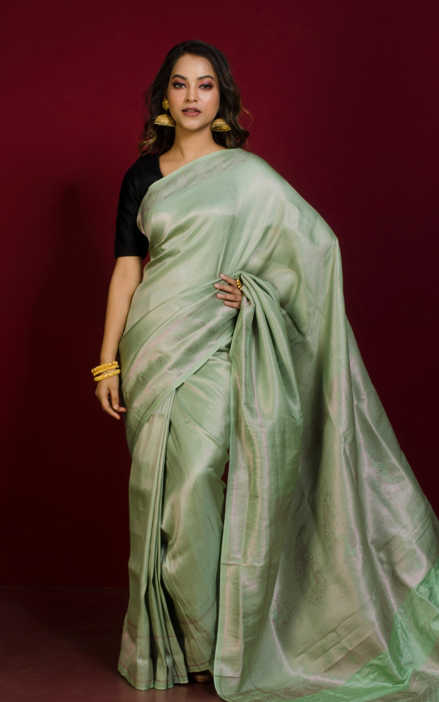 Tanchui Brocade Work Katan Silk Saree in Granny Smith Apple Green and Copper Zari Work