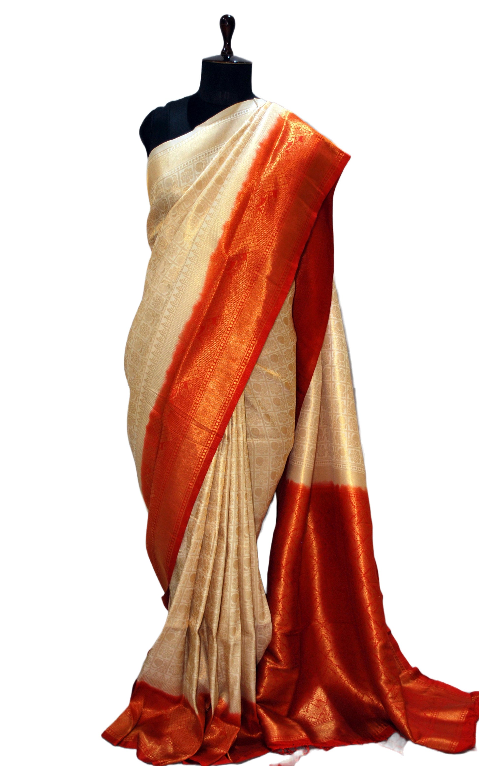 Semi Silk Brocade Kangivaram Saree in Cream, Red and Golden