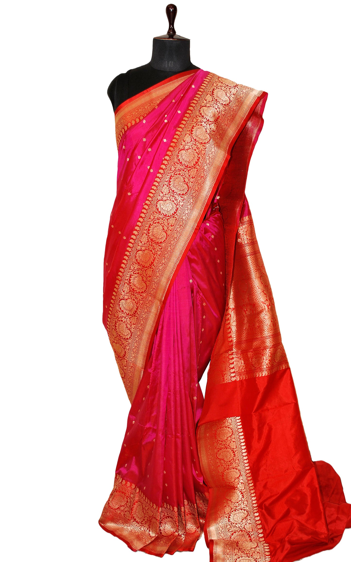 Premium Quality Banarasi Silk Saree in Hot Pink, Bright Red and Gold