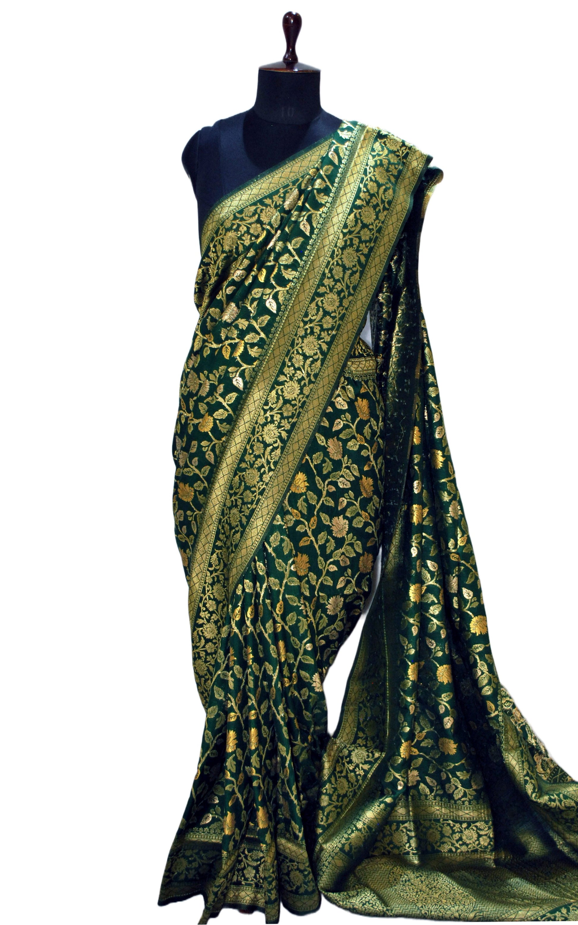 Jangla Jaal Work Soft Katan Silk Saree in Deep Bottle Green and Antique Gold Zari Work