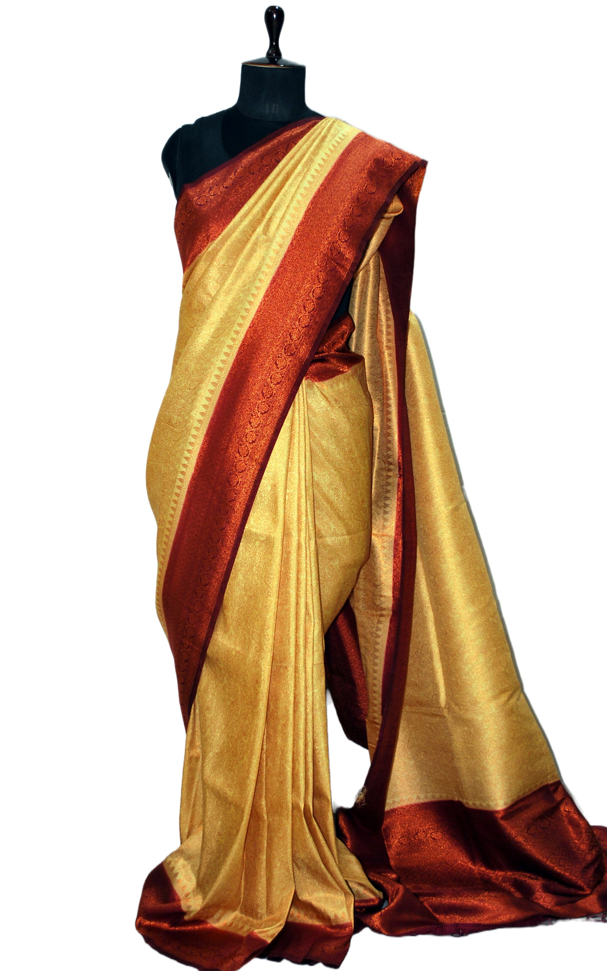 Tanchui Brocade Work Katan Silk Saree in Parmesan, Mahogany Red and Antique Gold Zari Work