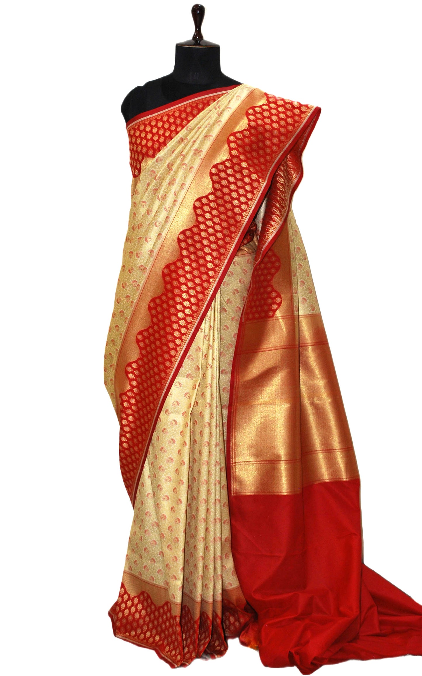 Tanchui Brocade Work Katan Silk Saree in Cream, Brush Gold and Chili Red