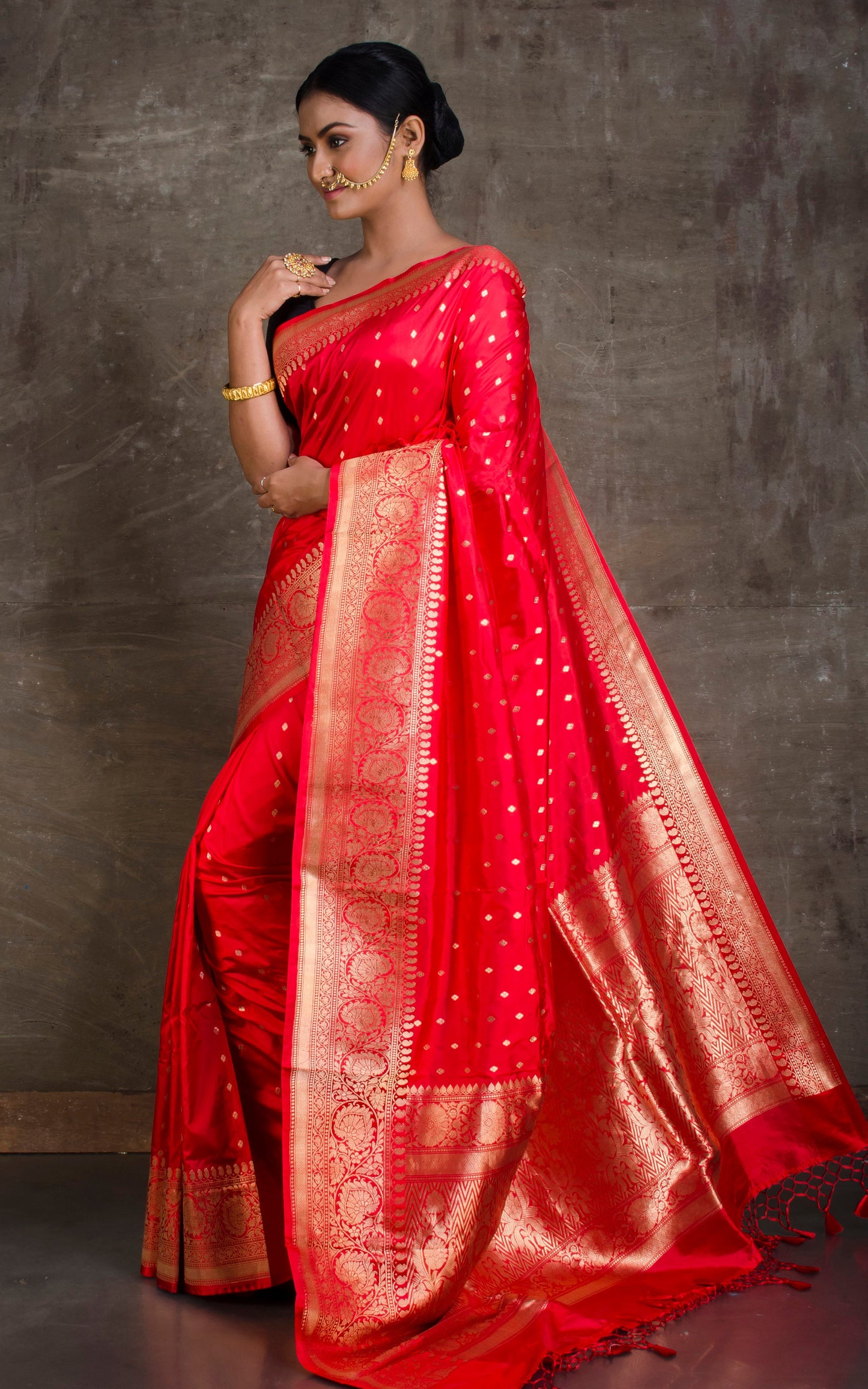 Premium Quality Banarasi Silk Saree in Bright Crimson Red and Gold