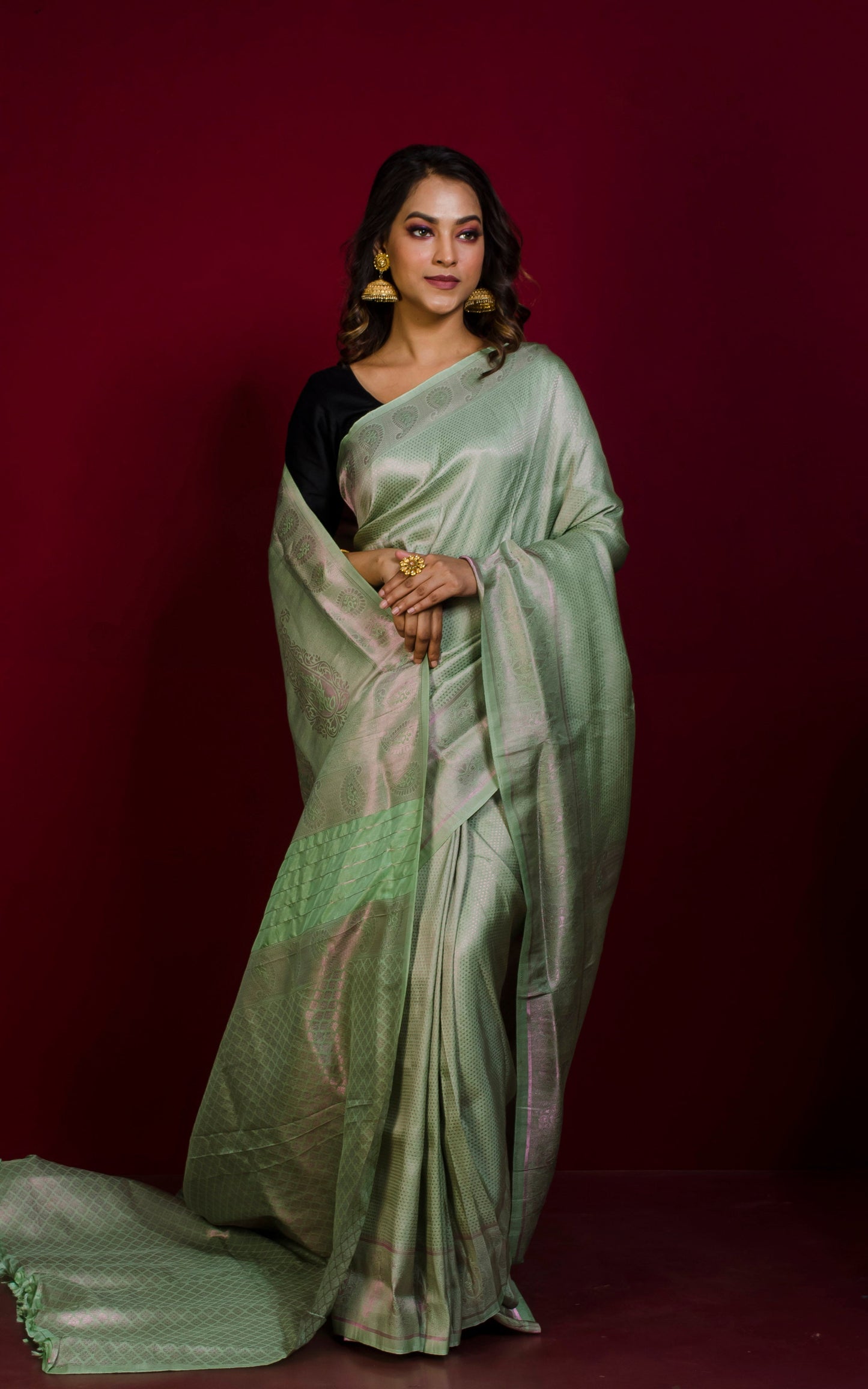 Tanchui Brocade Work Katan Silk Saree in Granny Smith Apple Green and Copper Zari Work