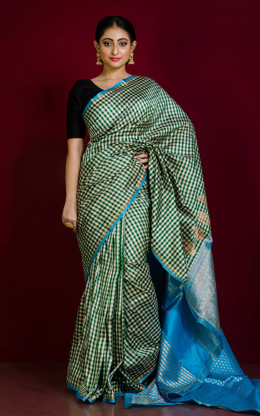 Micro Designer Checks Katan Banarasi Silk Saree in Dual Tone Dark Green, Off White, Grey and Firoza