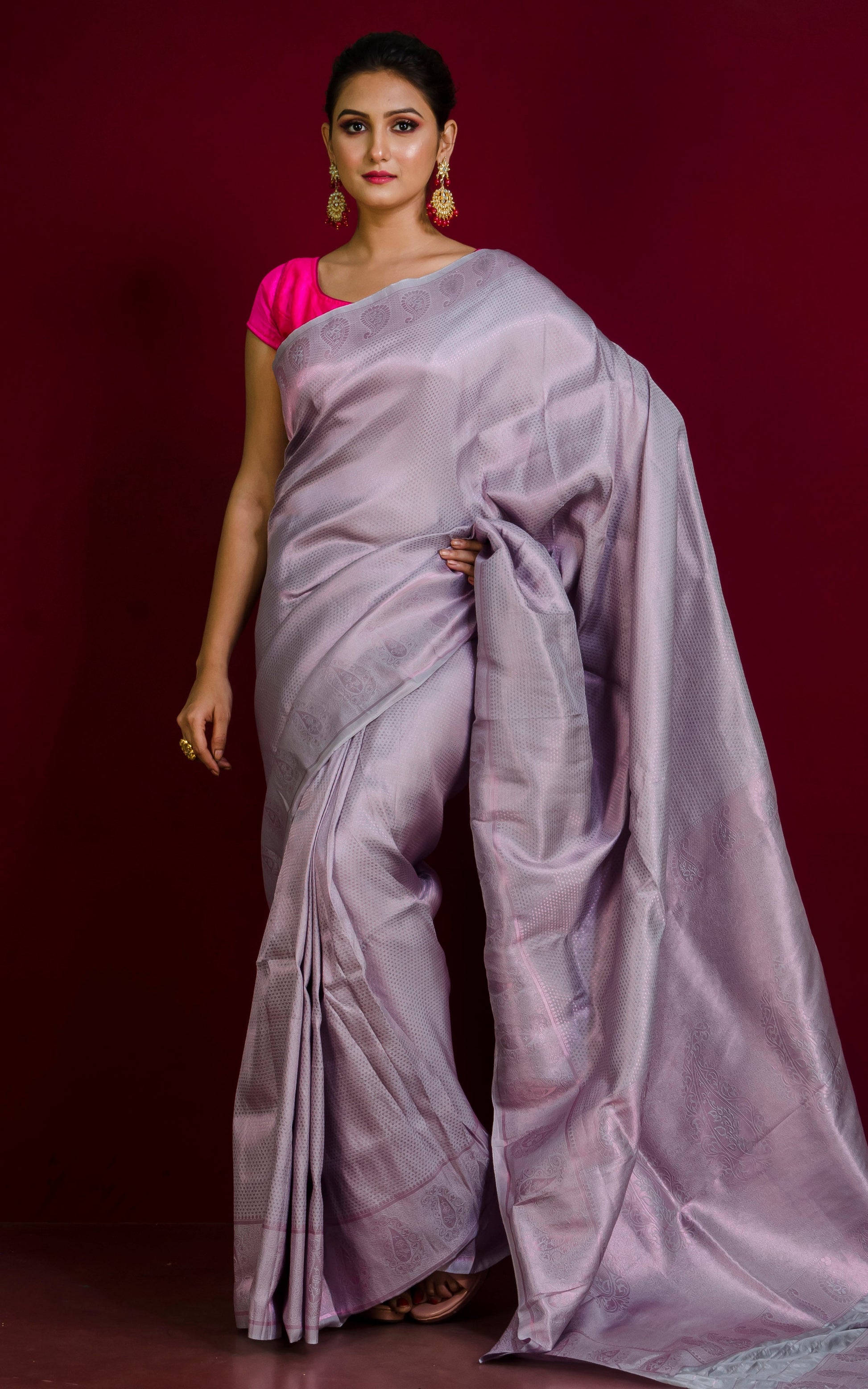 Tanchui Brocade Work Katan Silk Saree in Light Grey and Copper Zari Work