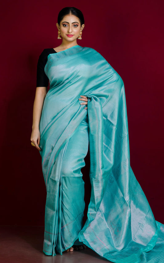 Tanchui Brocade Work Katan Silk Saree in Turquoise and Copper Zari Work