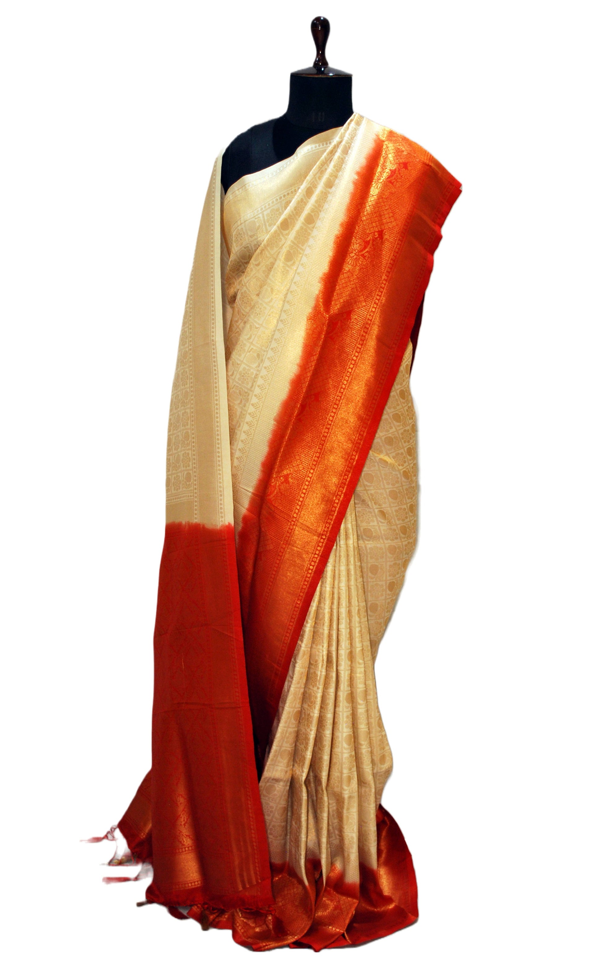 Semi Silk Brocade Kangivaram Saree in Cream, Red and Golden