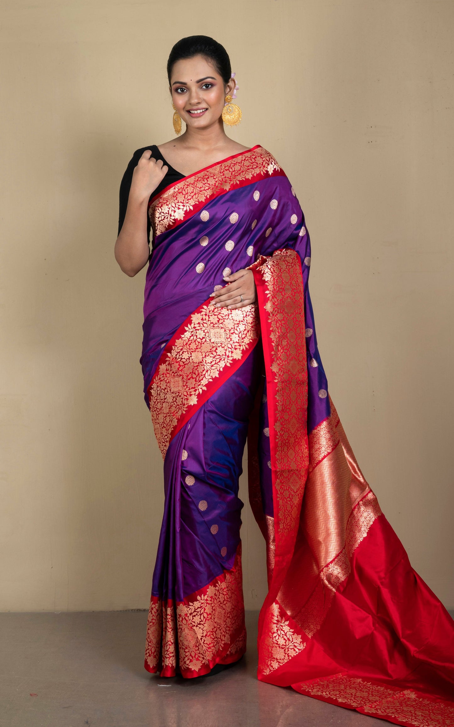 Woven Jacket Nakshi Border Pure Katan Banarasi Silk Saree in Purple, Red and Antique Gold