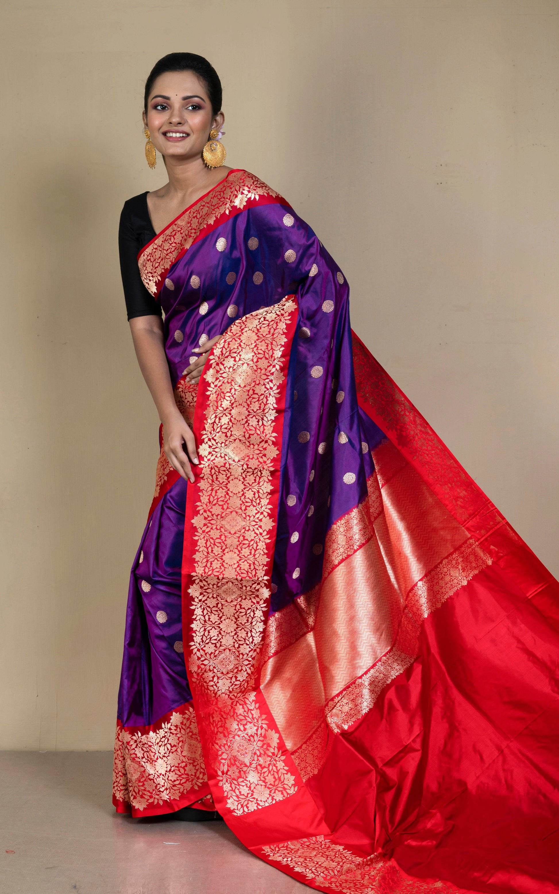 Woven Jacket Nakshi Border Pure Katan Banarasi Silk Saree in Purple, Red and Antique Gold