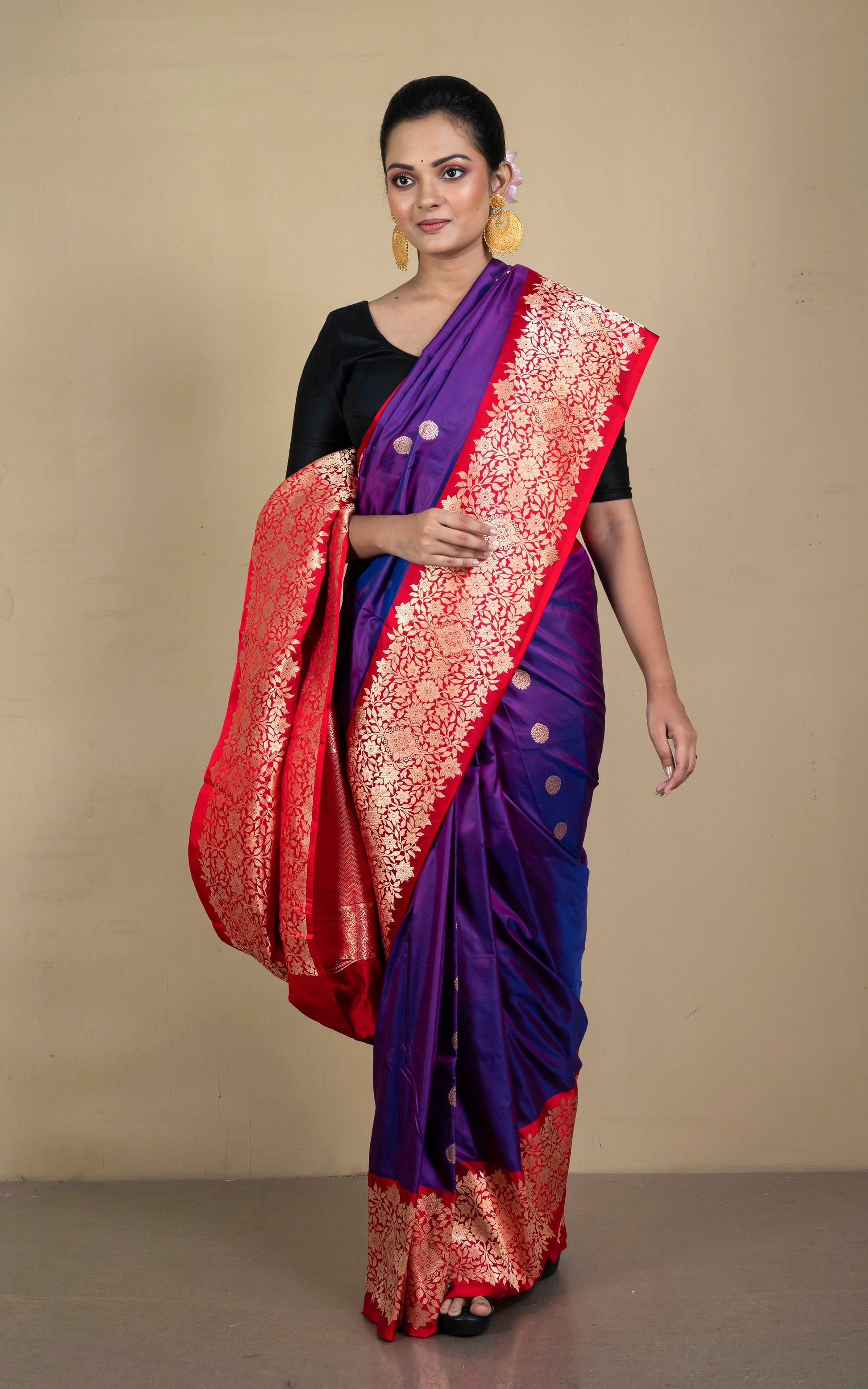 Woven Jacket Nakshi Border Pure Katan Banarasi Silk Saree in Purple, Red and Antique Gold