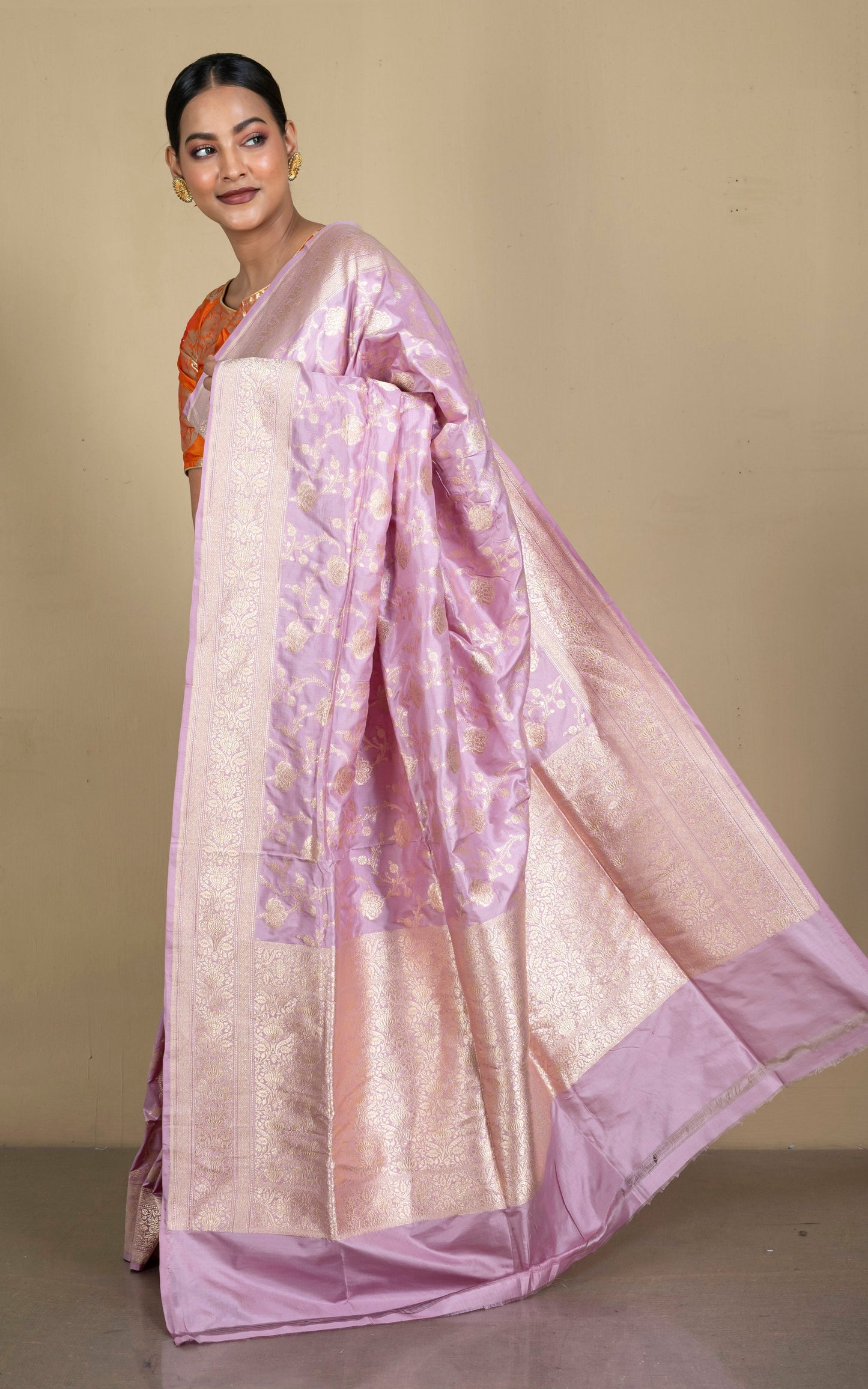 Jangla Jaal Work Pure Katan Banarasi Silk Saree in Frosted Purple and Matt Gold