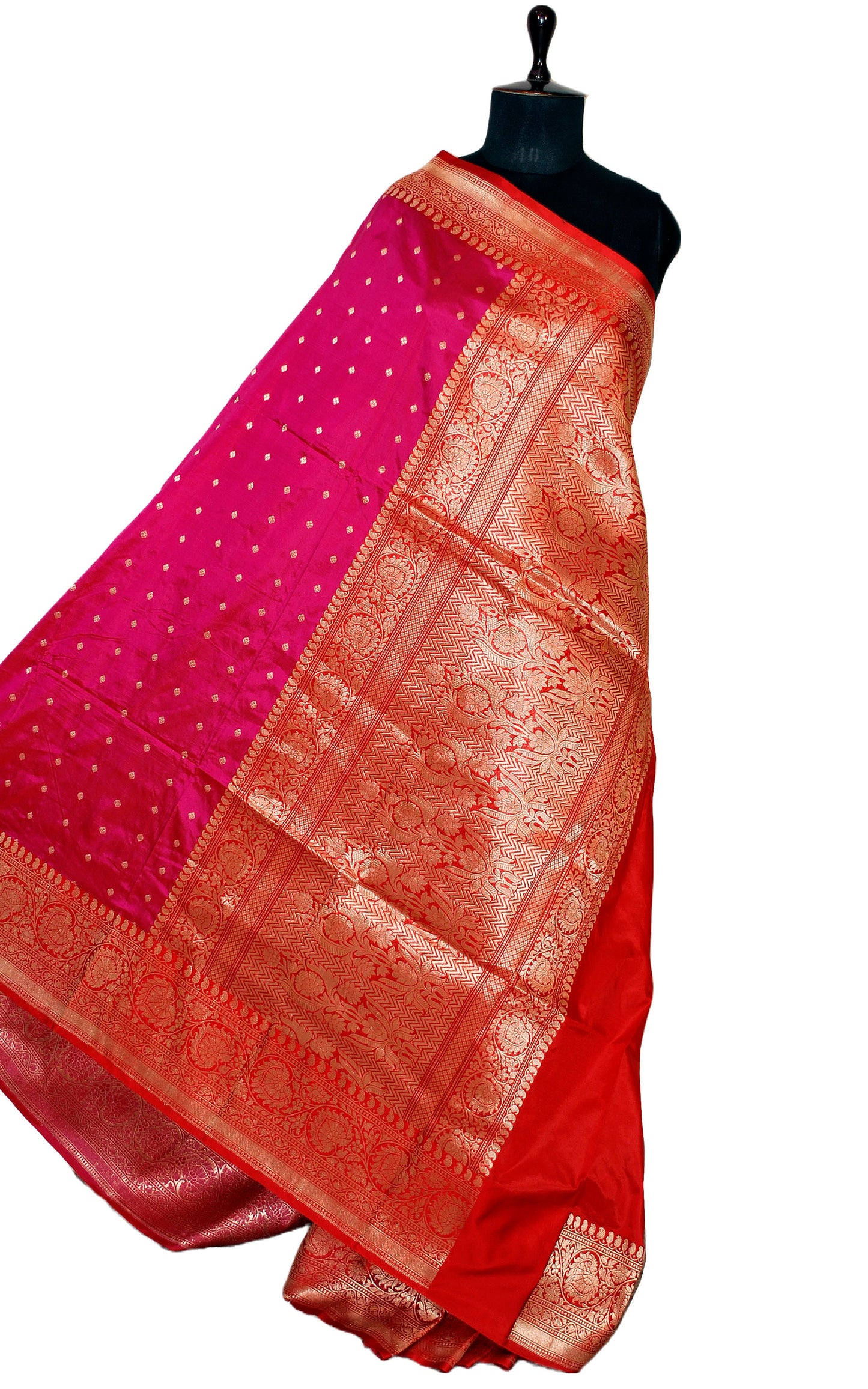 Premium Quality Banarasi Silk Saree in Hot Pink, Bright Red and Gold