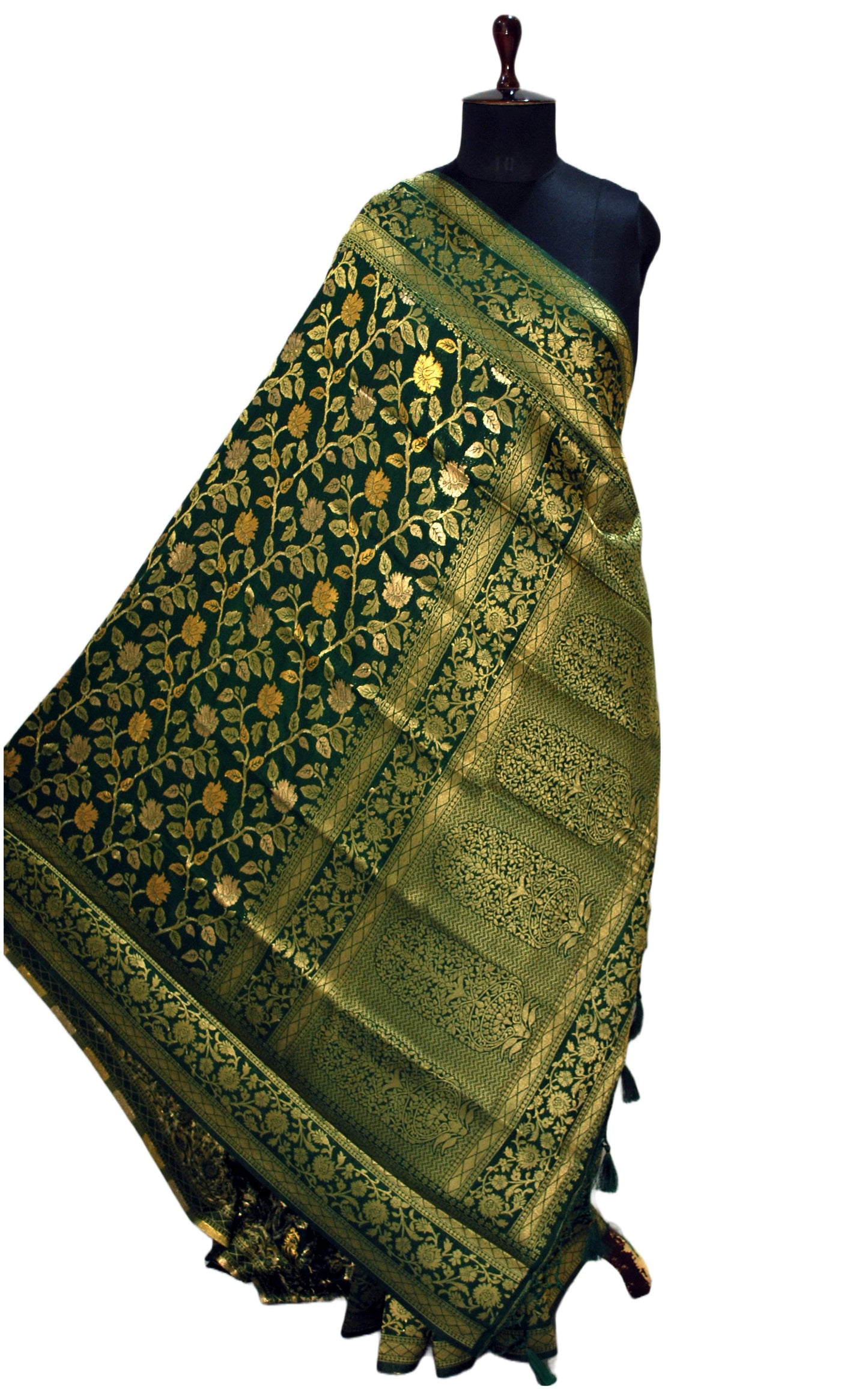 Jangla Jaal Work Soft Katan Silk Saree in Deep Bottle Green and Antique Gold Zari Work