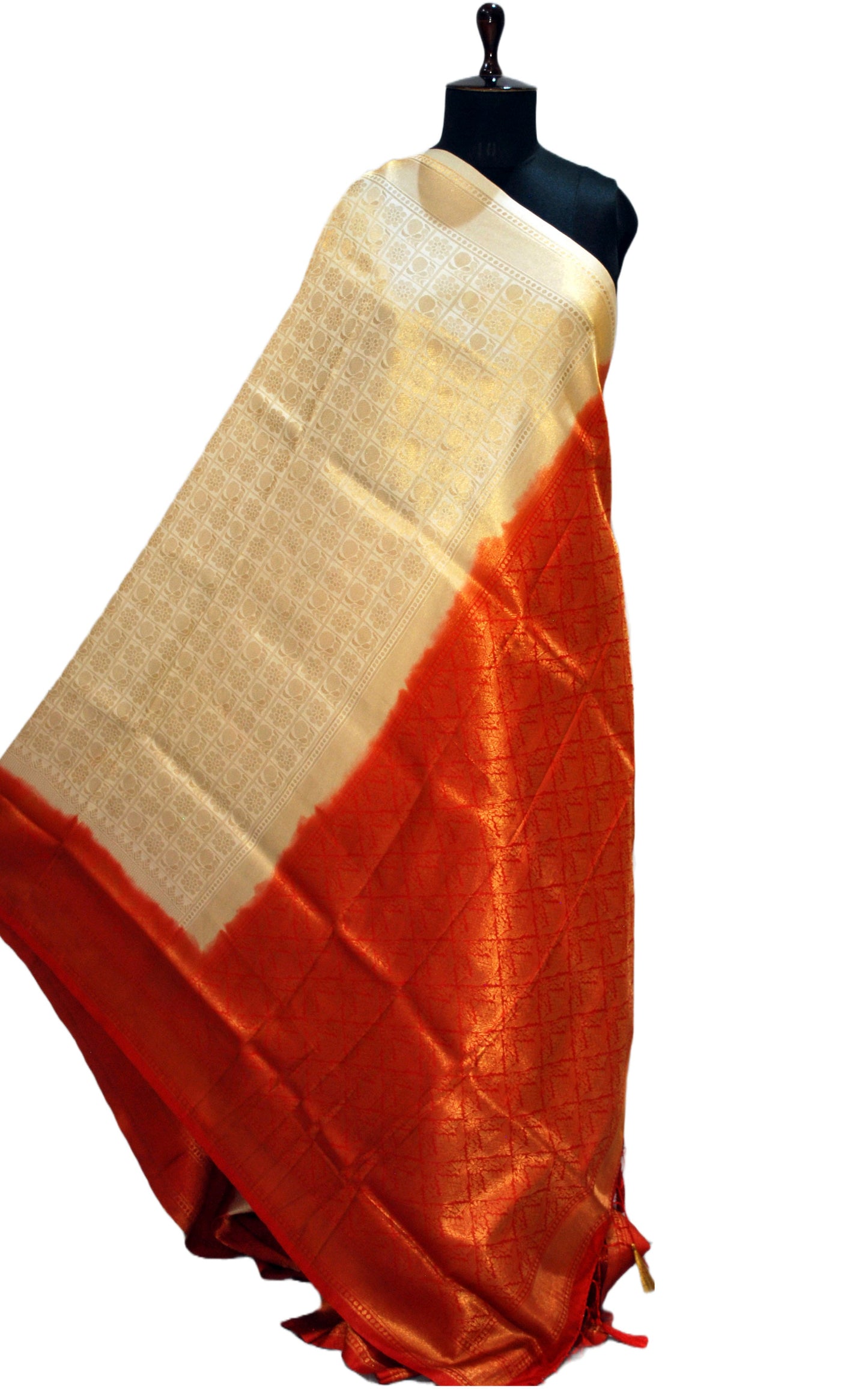 Semi Silk Brocade Kangivaram Saree in Cream, Red and Golden