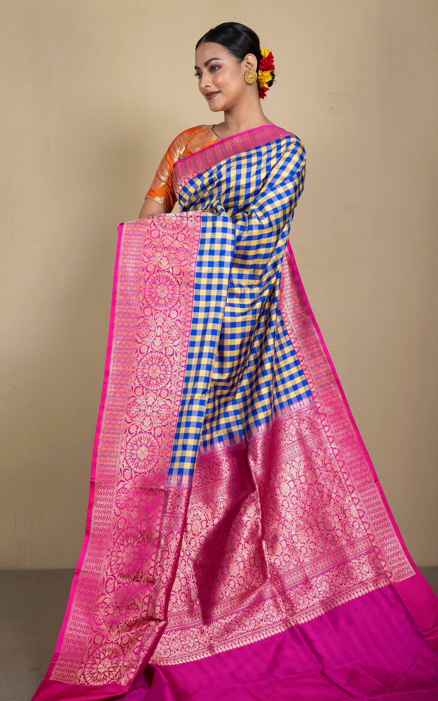 Handwoven Designer Checks Katan Banarasi Silk Saree in Royal Blue, Minion Yellow and Hot Pink