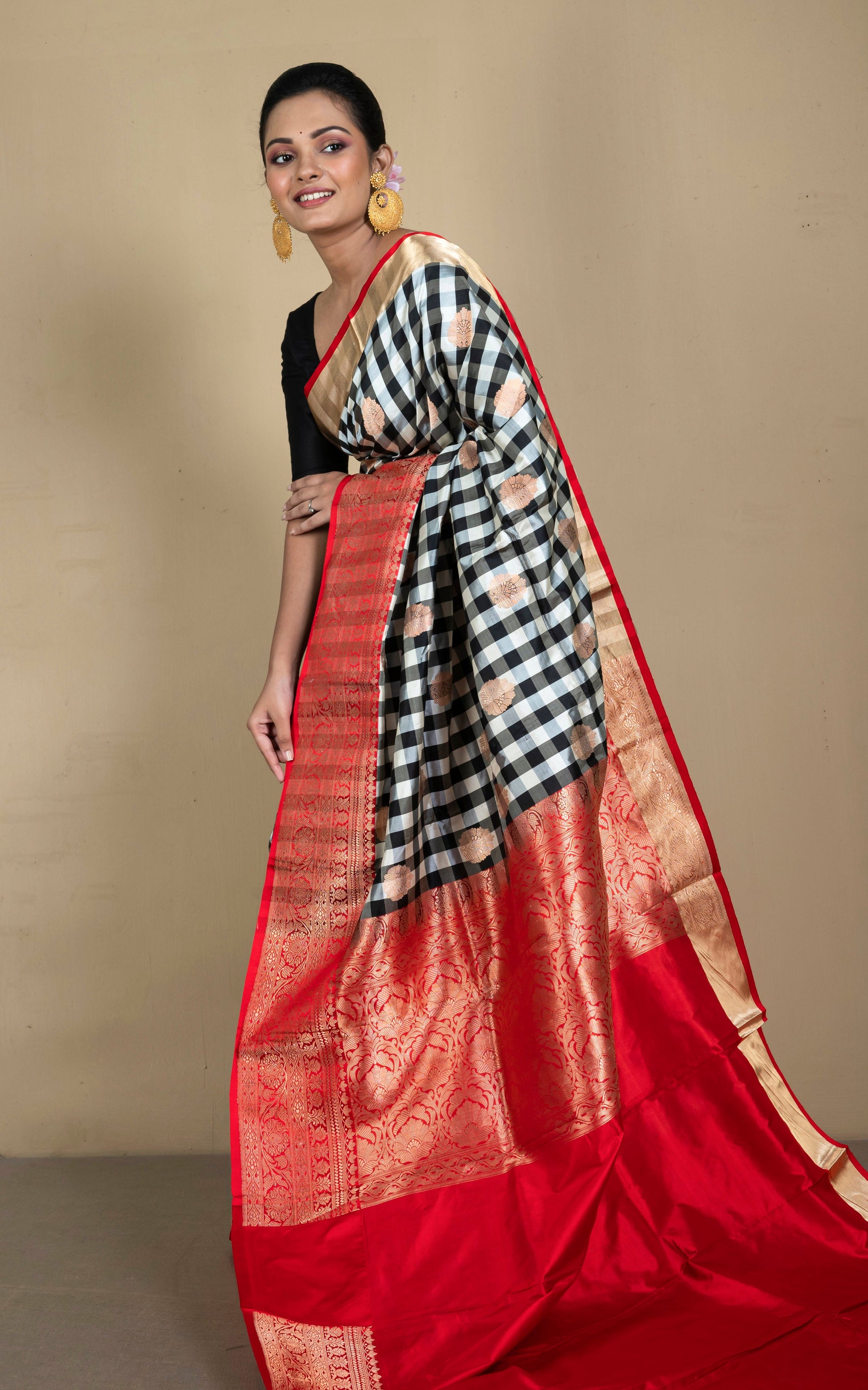 Handwoven Designer Checks Katan Banarasi Silk Saree in Black, Atrium White and Bright Red