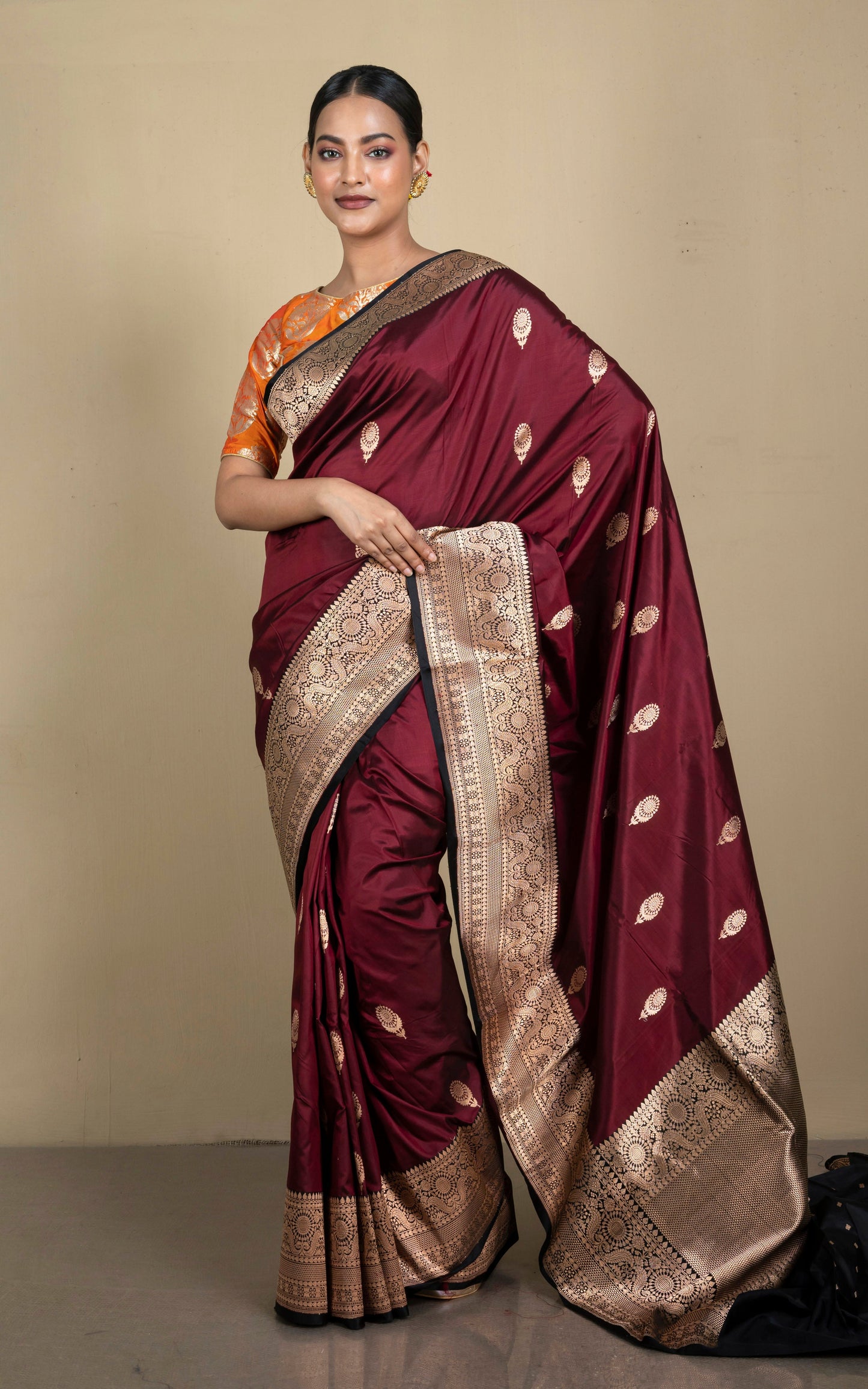 Handwoven Pure Katan Banarasi Silk Saree in Burnt Umber, Black and Antique Gold