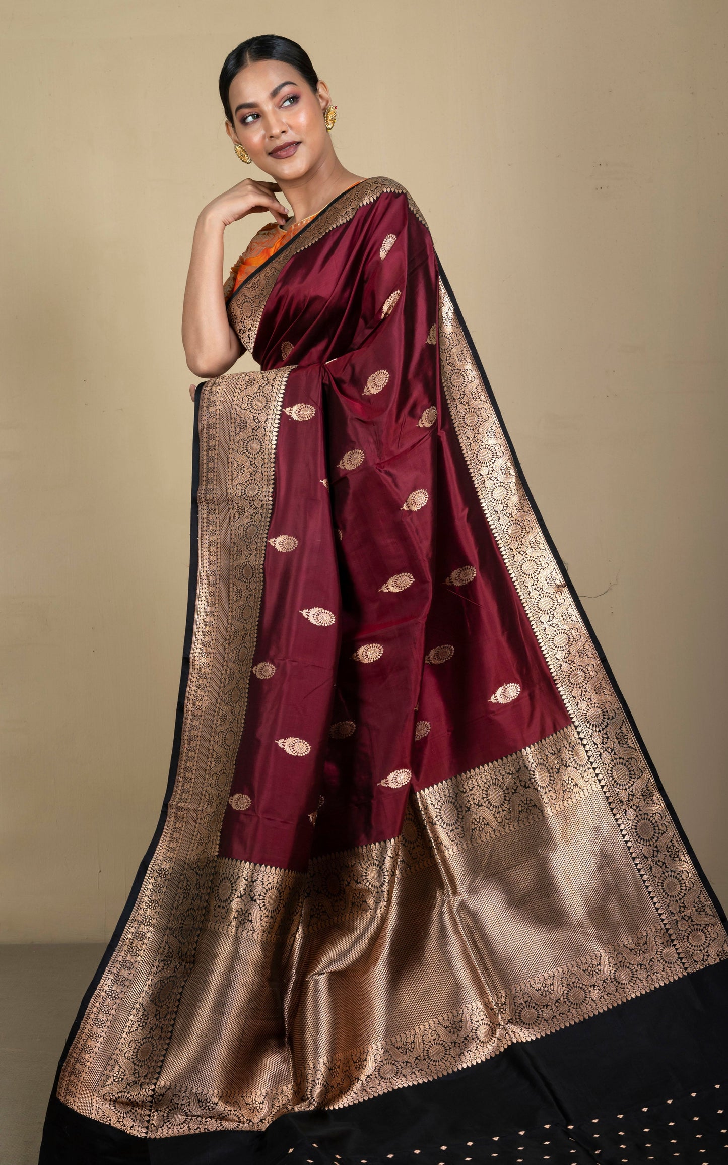 Handwoven Pure Katan Banarasi Silk Saree in Burnt Umber, Black and Antique Gold