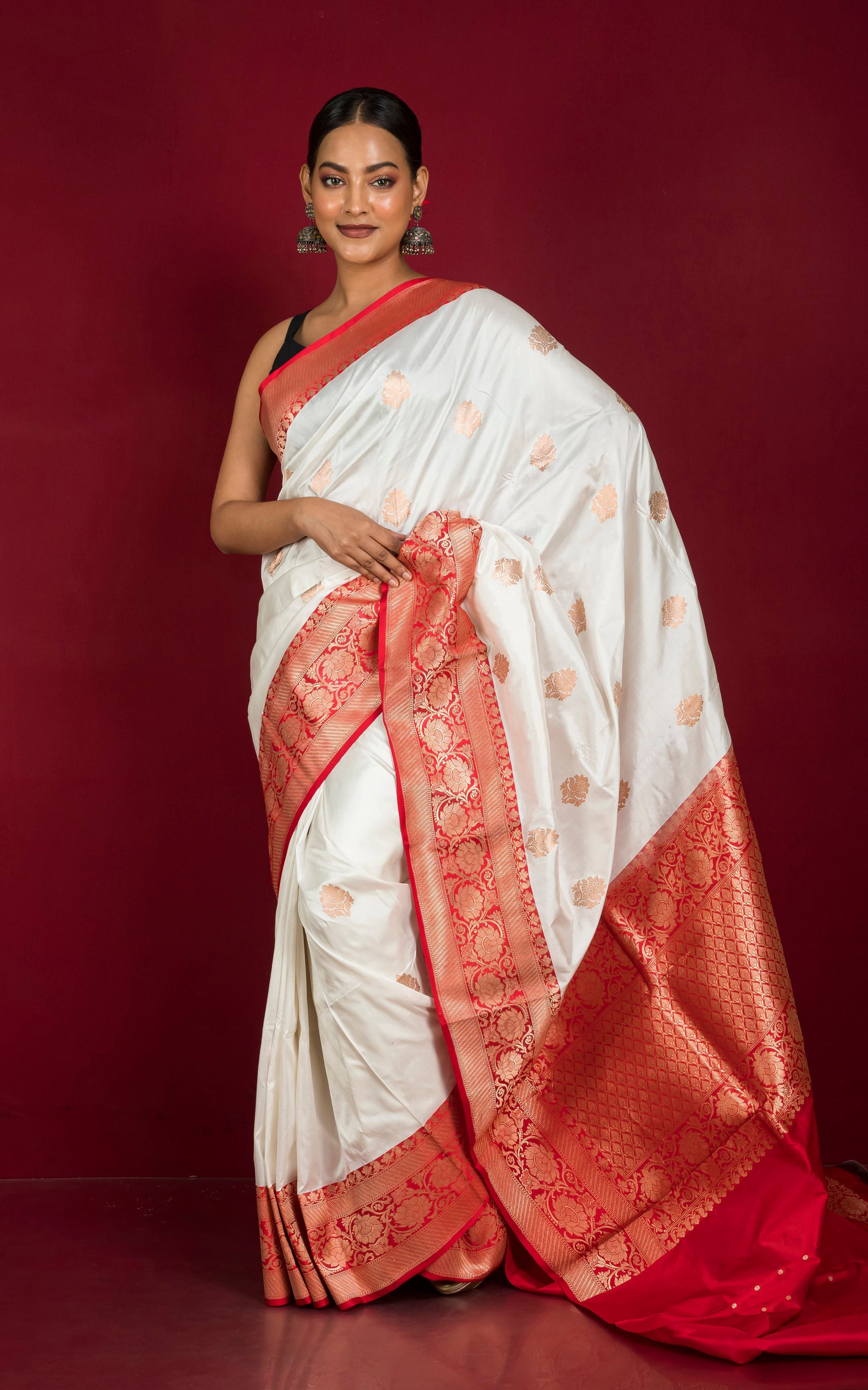 Handwoven Pure Katan Banarasi Silk Saree in White, Red and Antique Gold