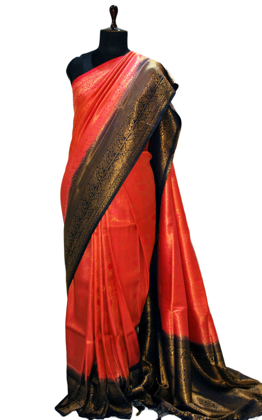 Semi Silk Brocade Kangivaram Saree in Georgia Peach, Black and Golden