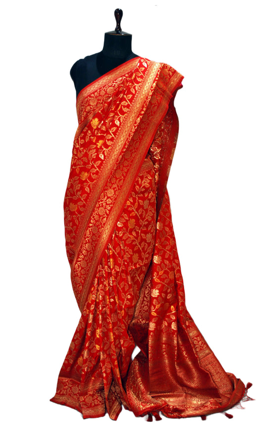 Jangla Jaal Work Soft Katan Silk Saree in Vermillion Red and Antique Gold Zari Work