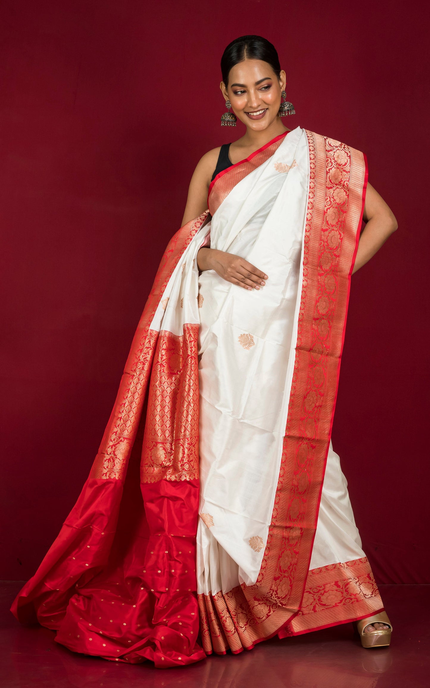 Handwoven Pure Katan Banarasi Silk Saree in White, Red and Antique Gold