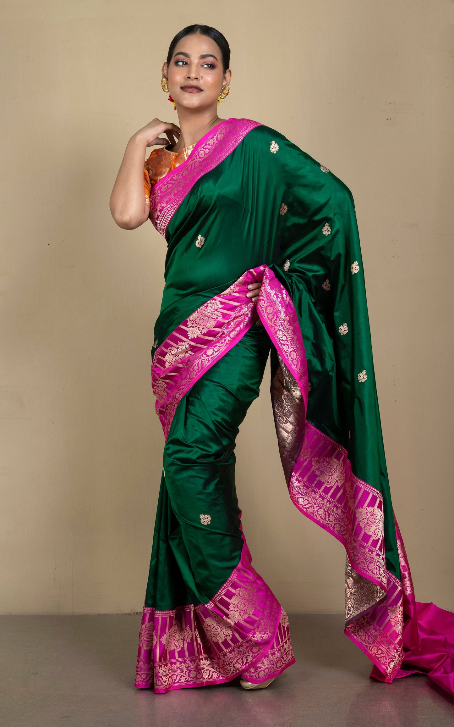 Pure Katan Banarasi Silk Saree in Forest Green and Hot Pink