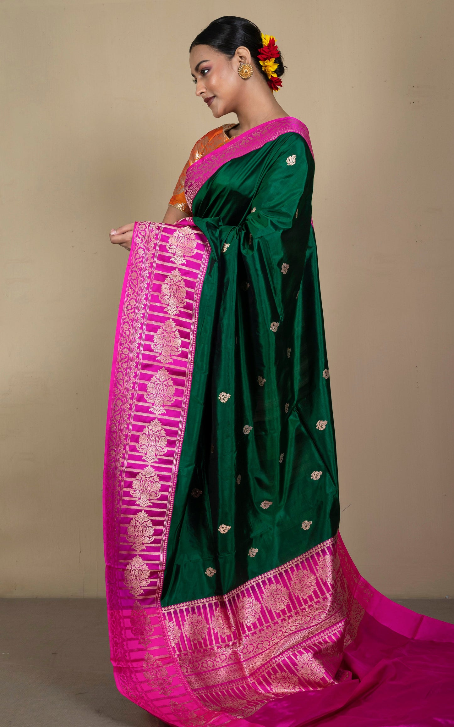 Pure Katan Banarasi Silk Saree in Forest Green and Hot Pink