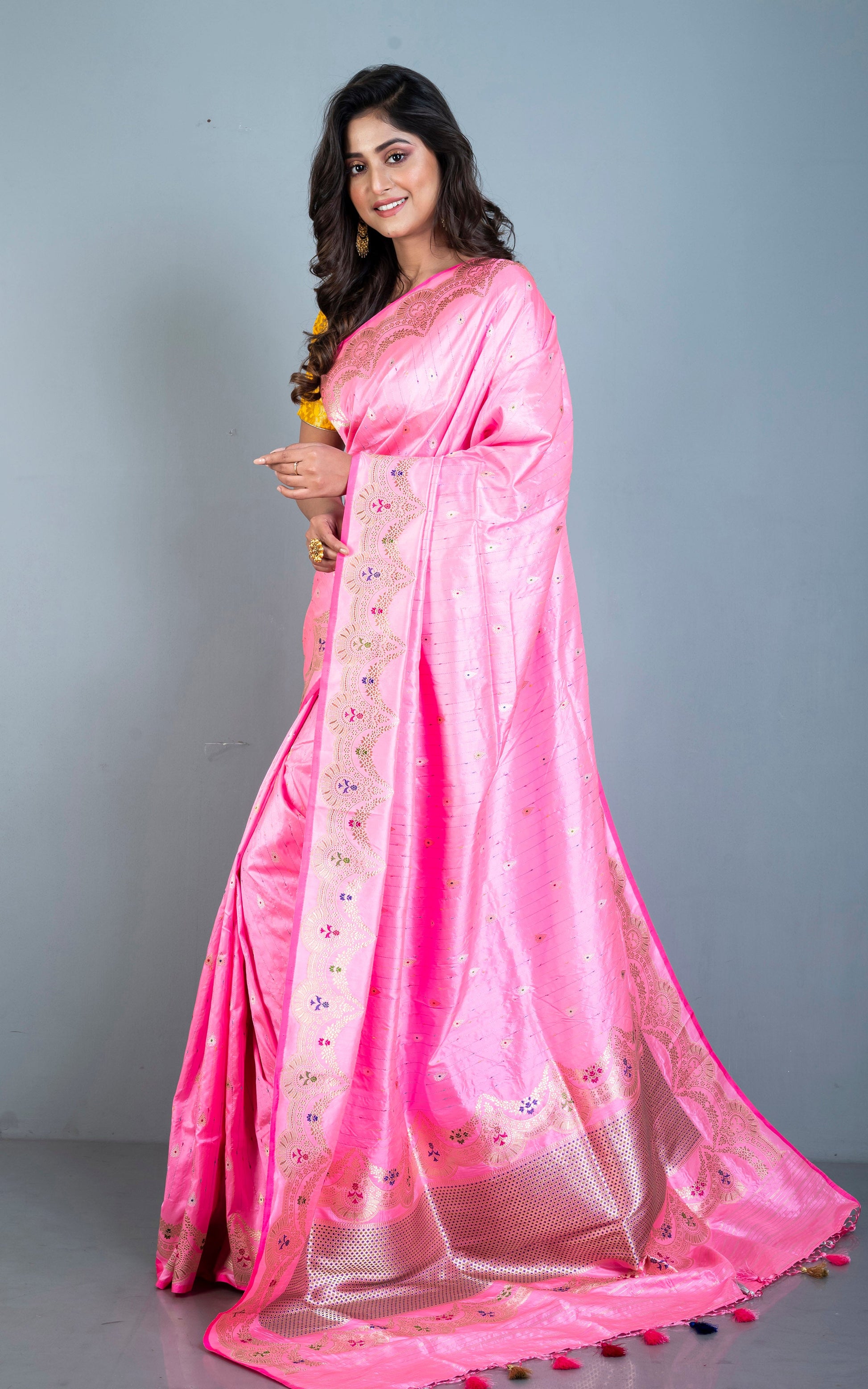 Exclusive Banarasi Katan Silk Saree in Neon Pink, Antique Golden and Multicolored Minakari Thread Work