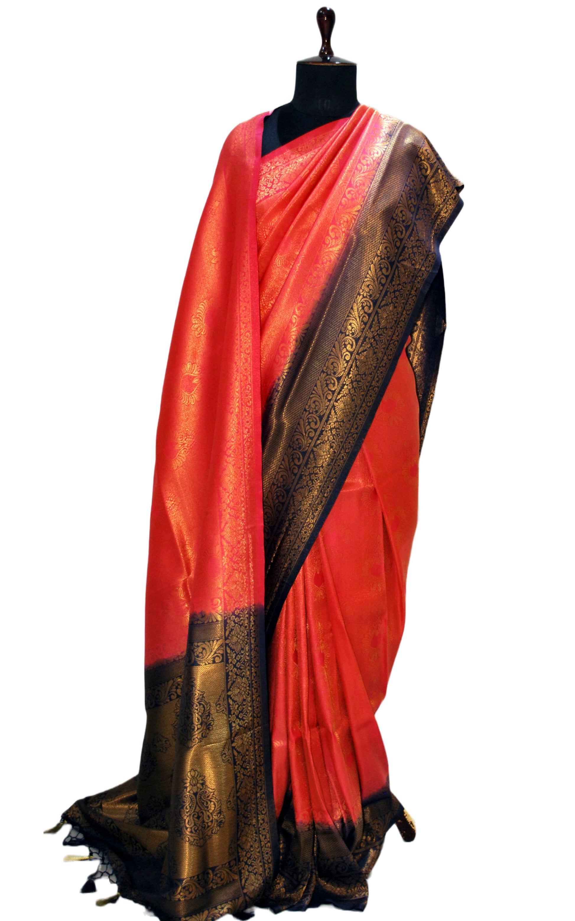 Semi Silk Brocade Kangivaram Saree in Georgia Peach, Black and Golden