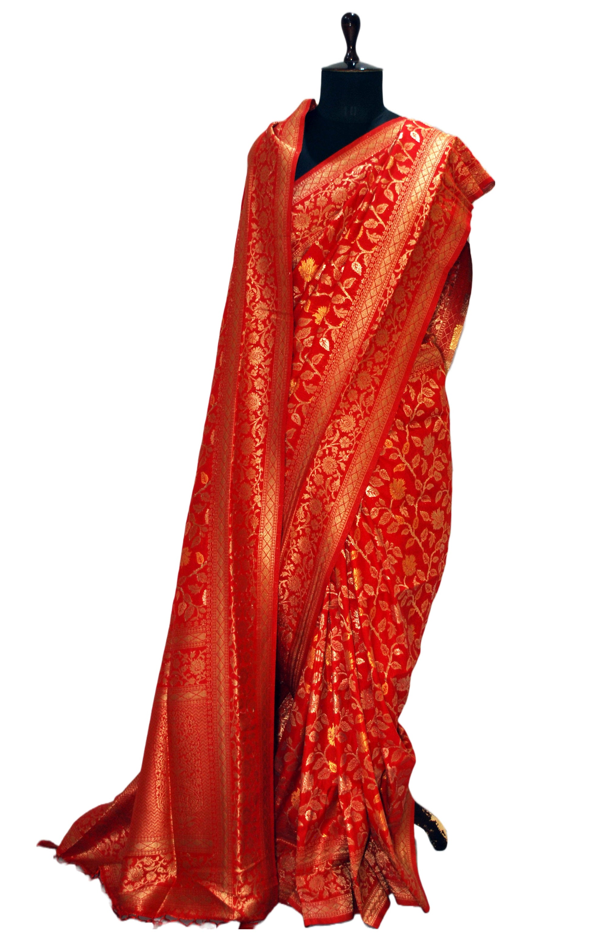 Jangla Jaal Work Soft Katan Silk Saree in Vermillion Red and Antique Gold Zari Work