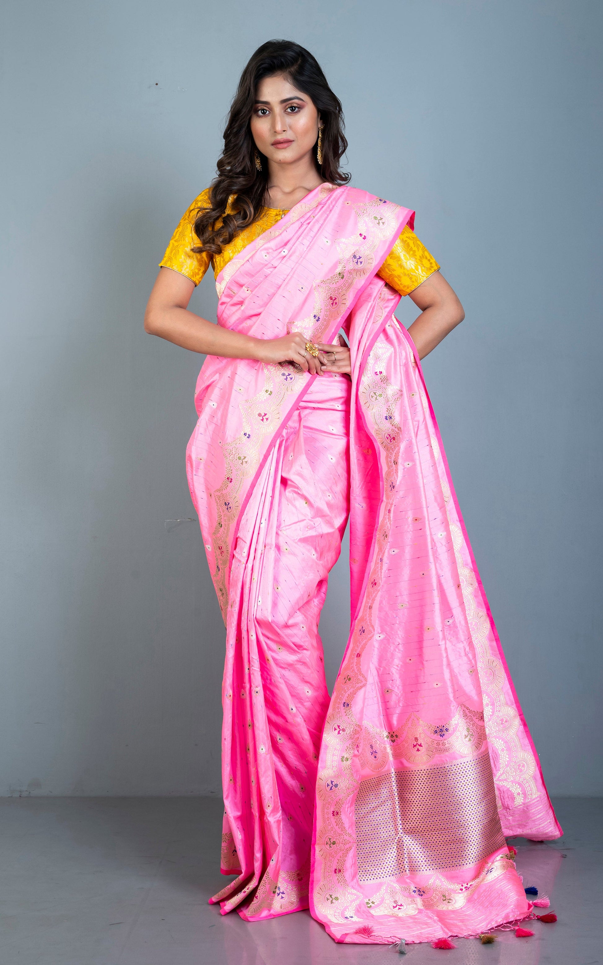 Exclusive Banarasi Katan Silk Saree in Neon Pink, Antique Golden and Multicolored Minakari Thread Work