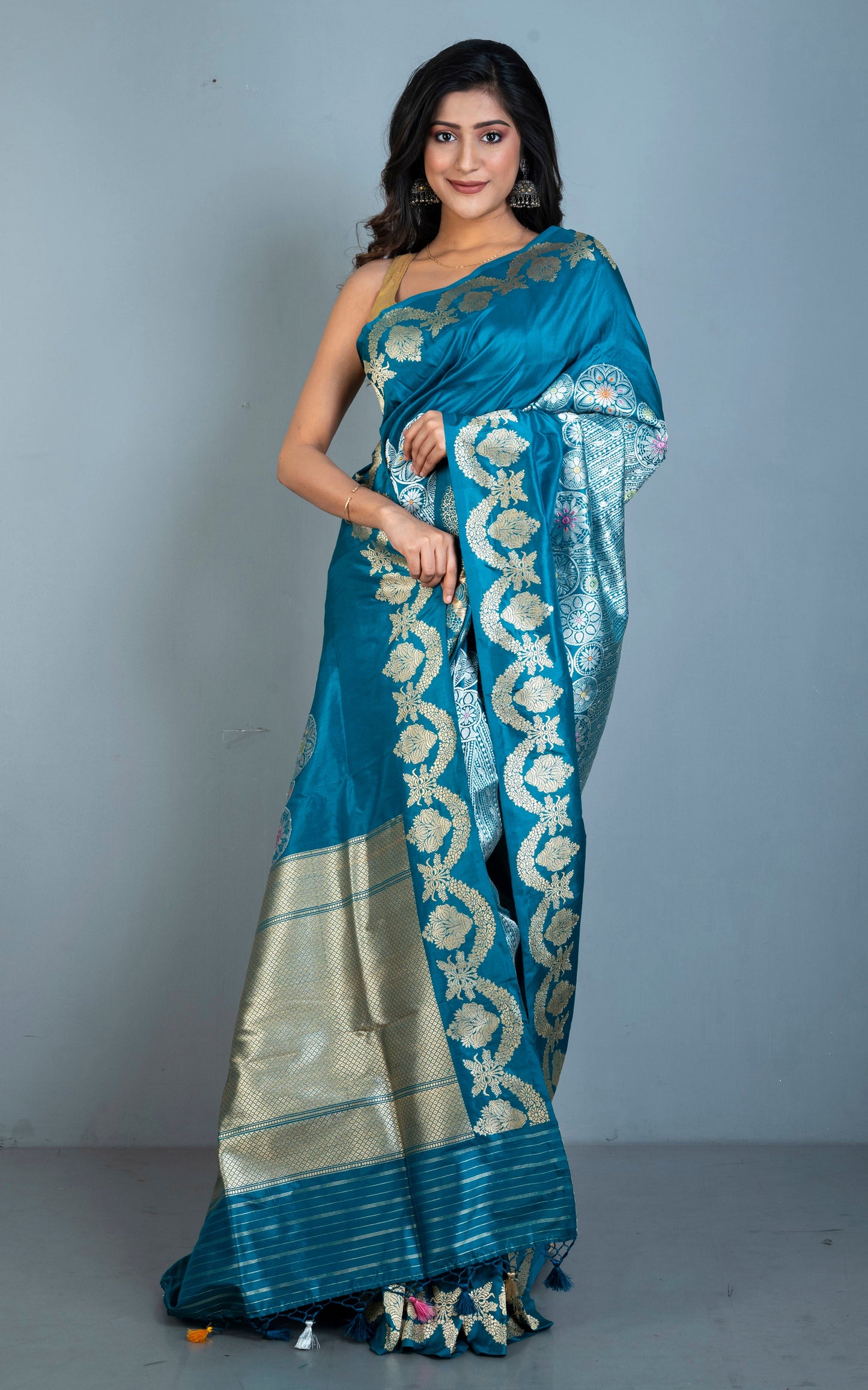 Exclusive Banarasi Katan Silk Saree in Dark Teal, Silver, Antique Golden and Multicolored Minakari Thread Work