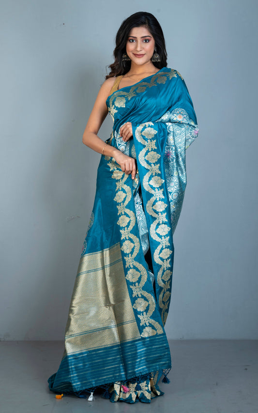 Exclusive Banarasi Katan Silk Saree in Dark Teal, Silver, Antique Golden and Multicolored Minakari Thread Work