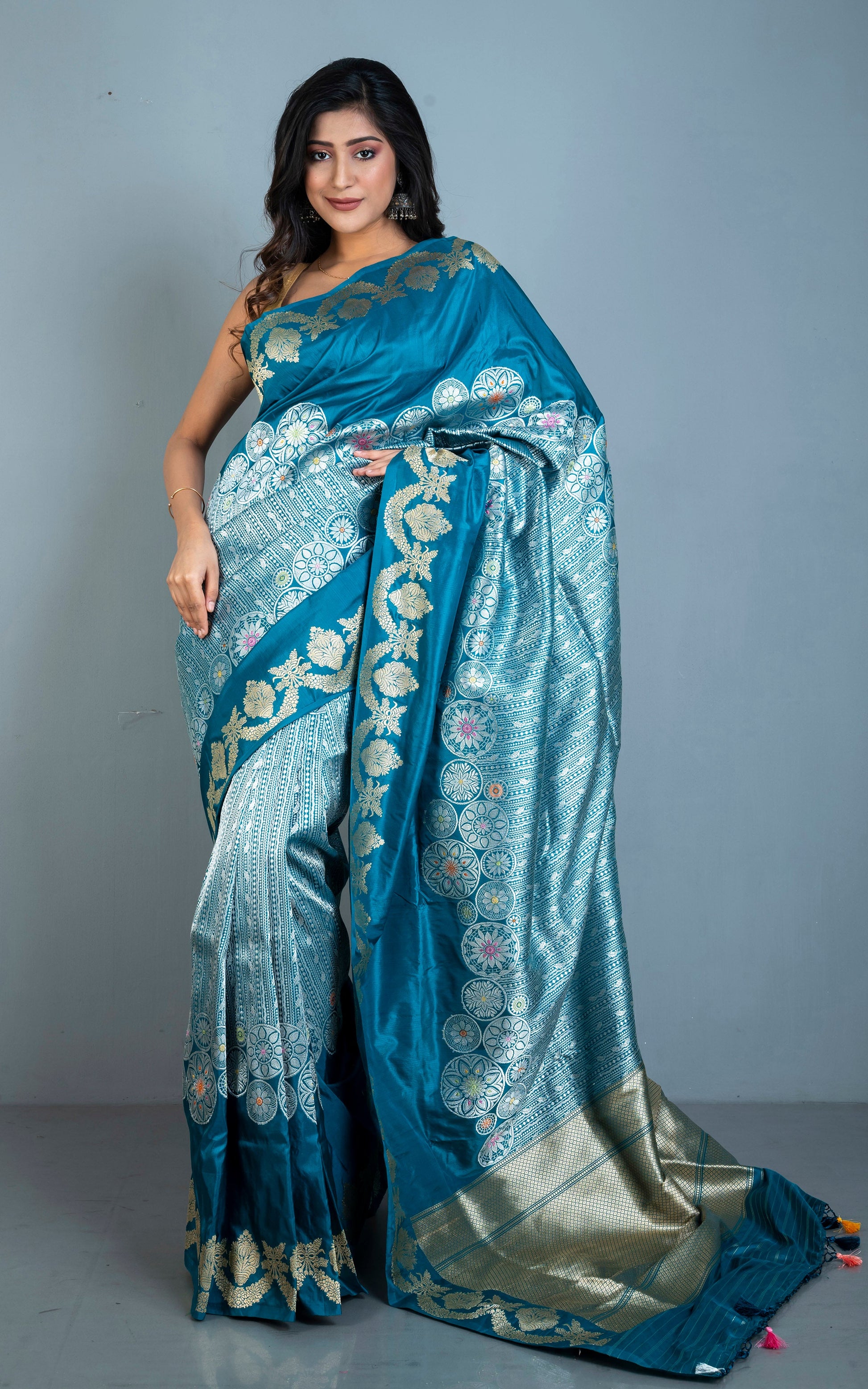 Exclusive Banarasi Katan Silk Saree in Dark Teal, Silver, Antique Golden and Multicolored Minakari Thread Work