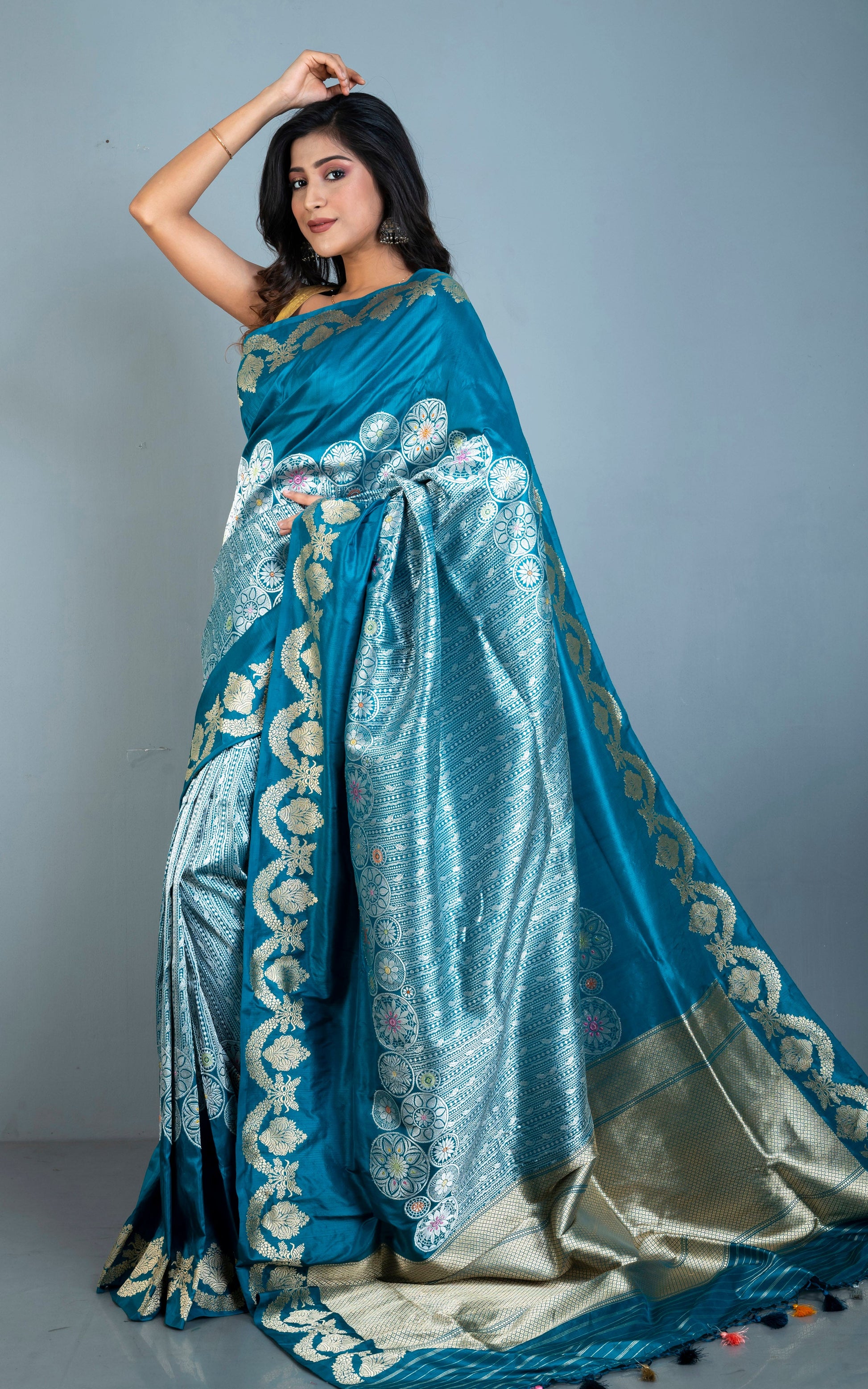 Exclusive Banarasi Katan Silk Saree in Dark Teal, Silver, Antique Golden and Multicolored Minakari Thread Work