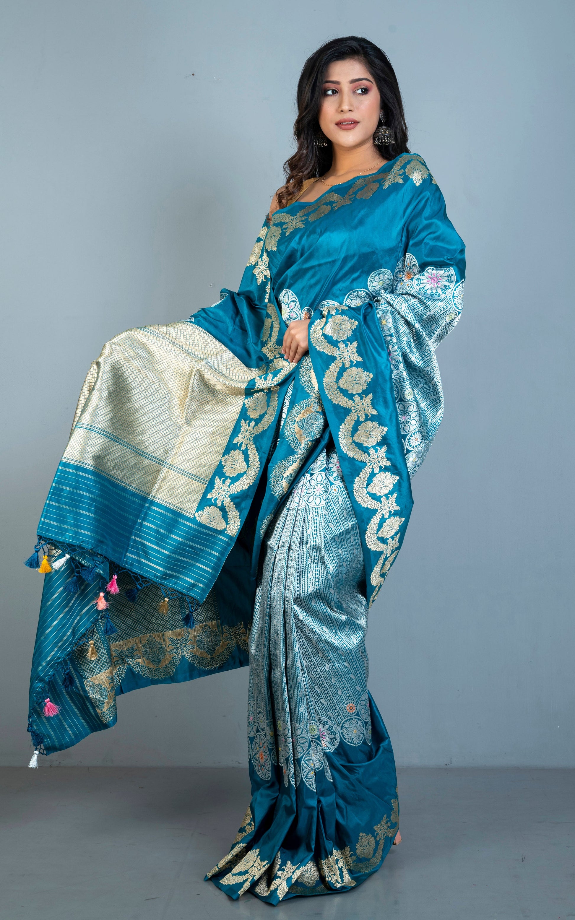 Exclusive Banarasi Katan Silk Saree in Dark Teal, Silver, Antique Golden and Multicolored Minakari Thread Work