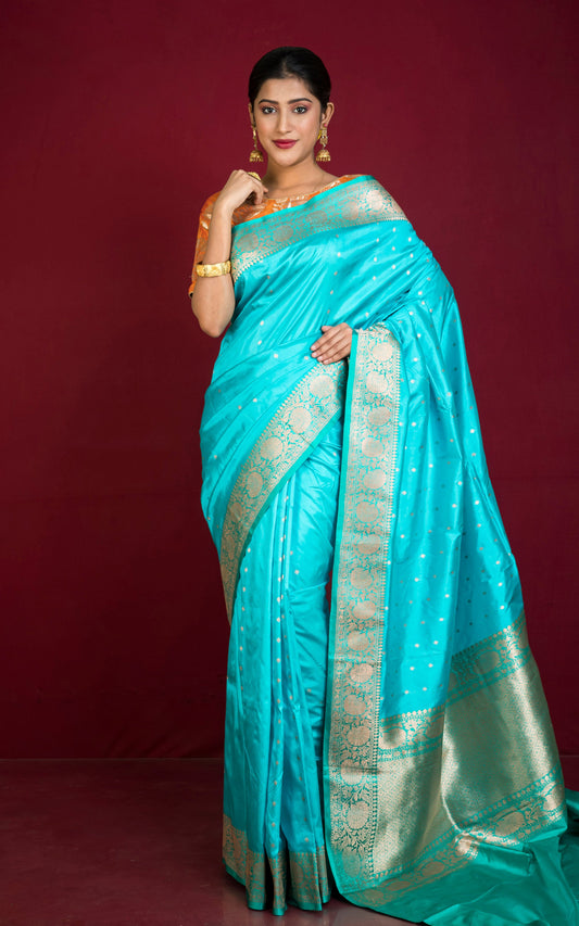 Premium Quality Banarasi Silk Saree in Vivid Sky Blue, Dark Turquoise and Gold