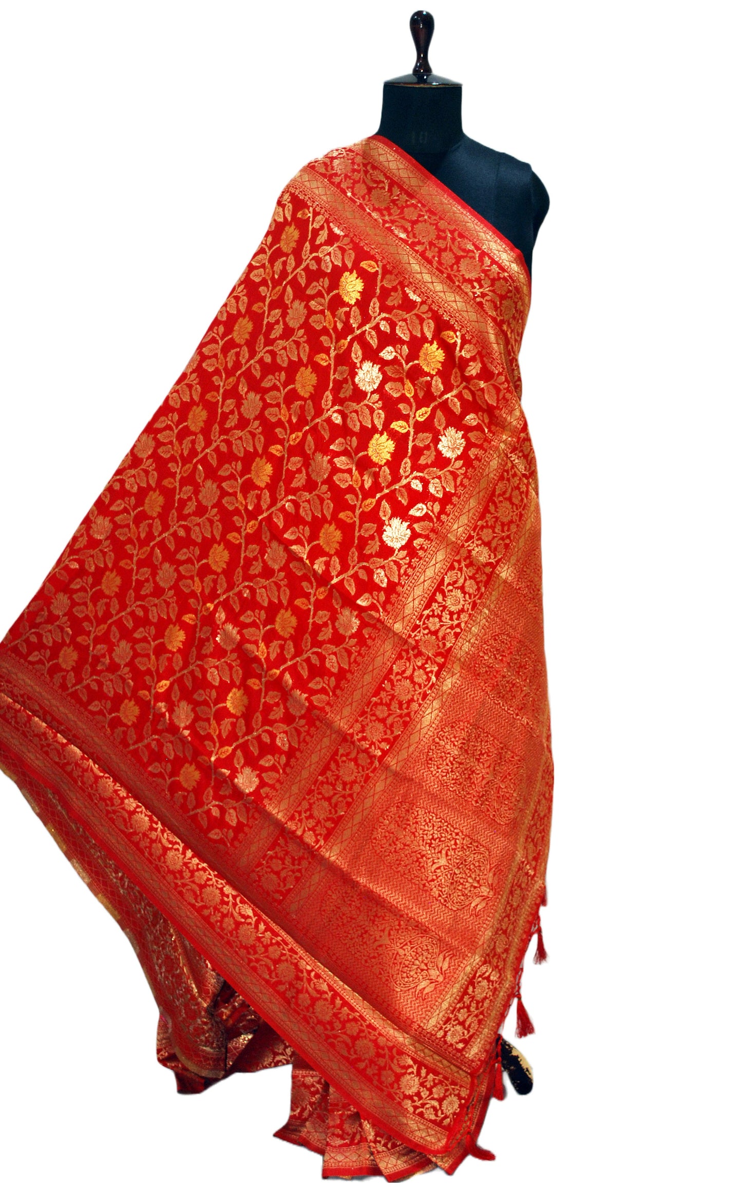 Jangla Jaal Work Soft Katan Silk Saree in Vermillion Red and Antique Gold Zari Work