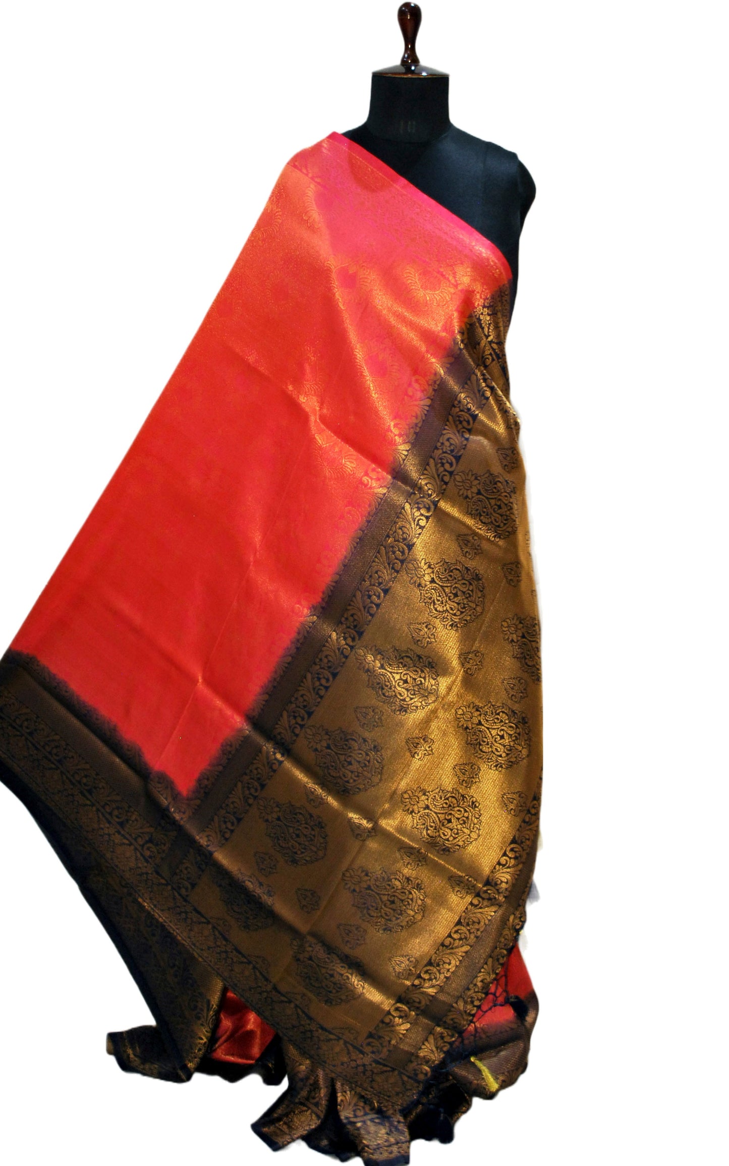 Semi Silk Brocade Kangivaram Saree in Georgia Peach, Black and Golden