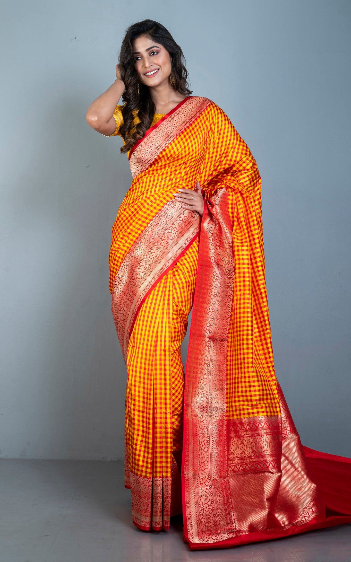 Designer Checks Katan Banarasi Silk Saree in Bright Yellow and Red