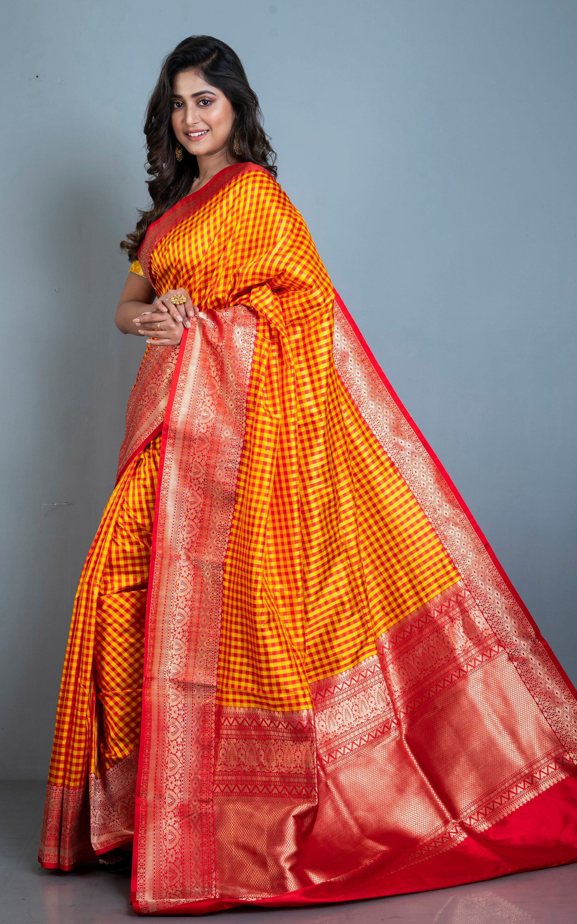 Designer Checks Katan Banarasi Silk Saree in Bright Yellow and Red