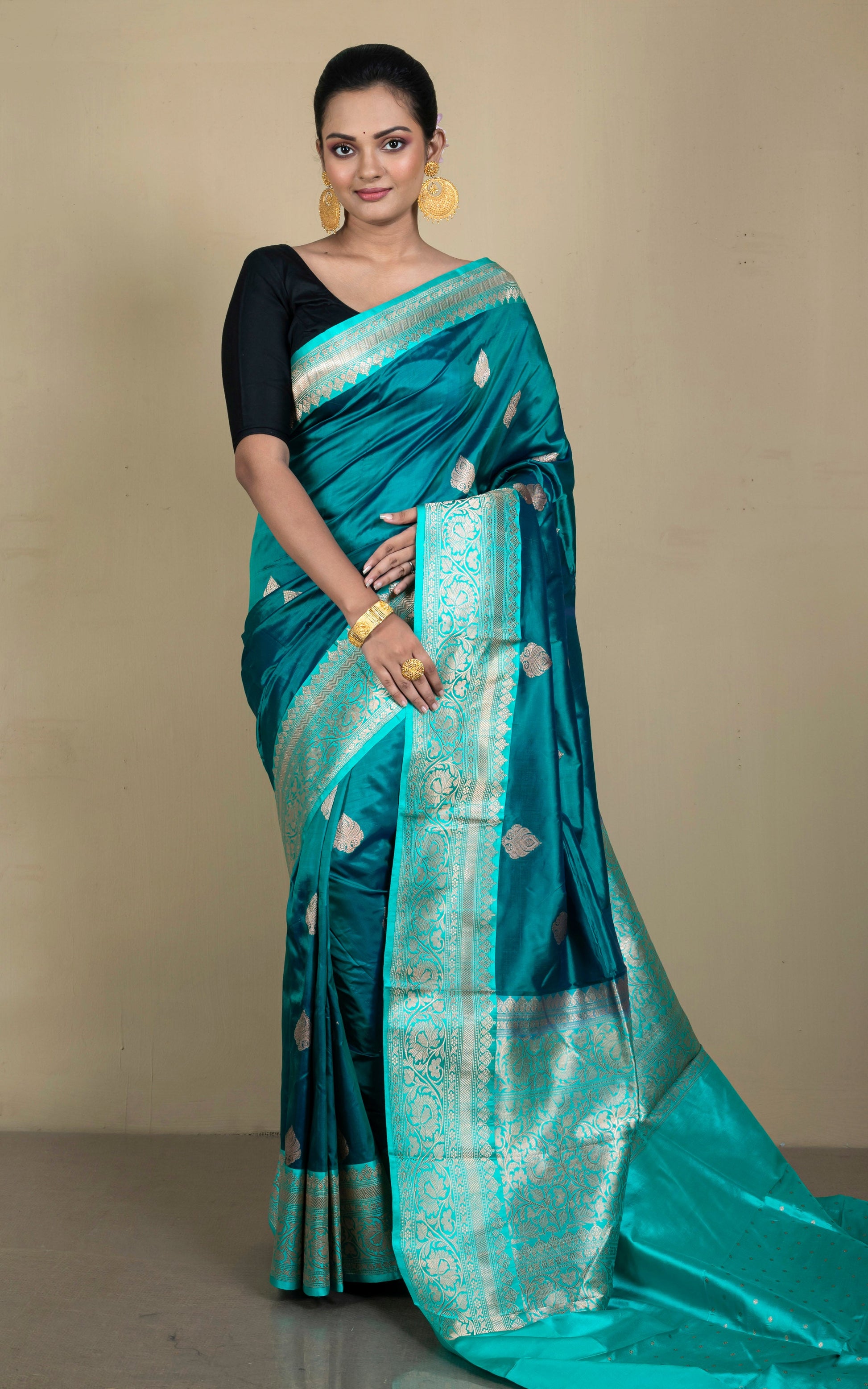 Pure Katan Banarasi Silk Saree in Dark Rama Green and Turquoise