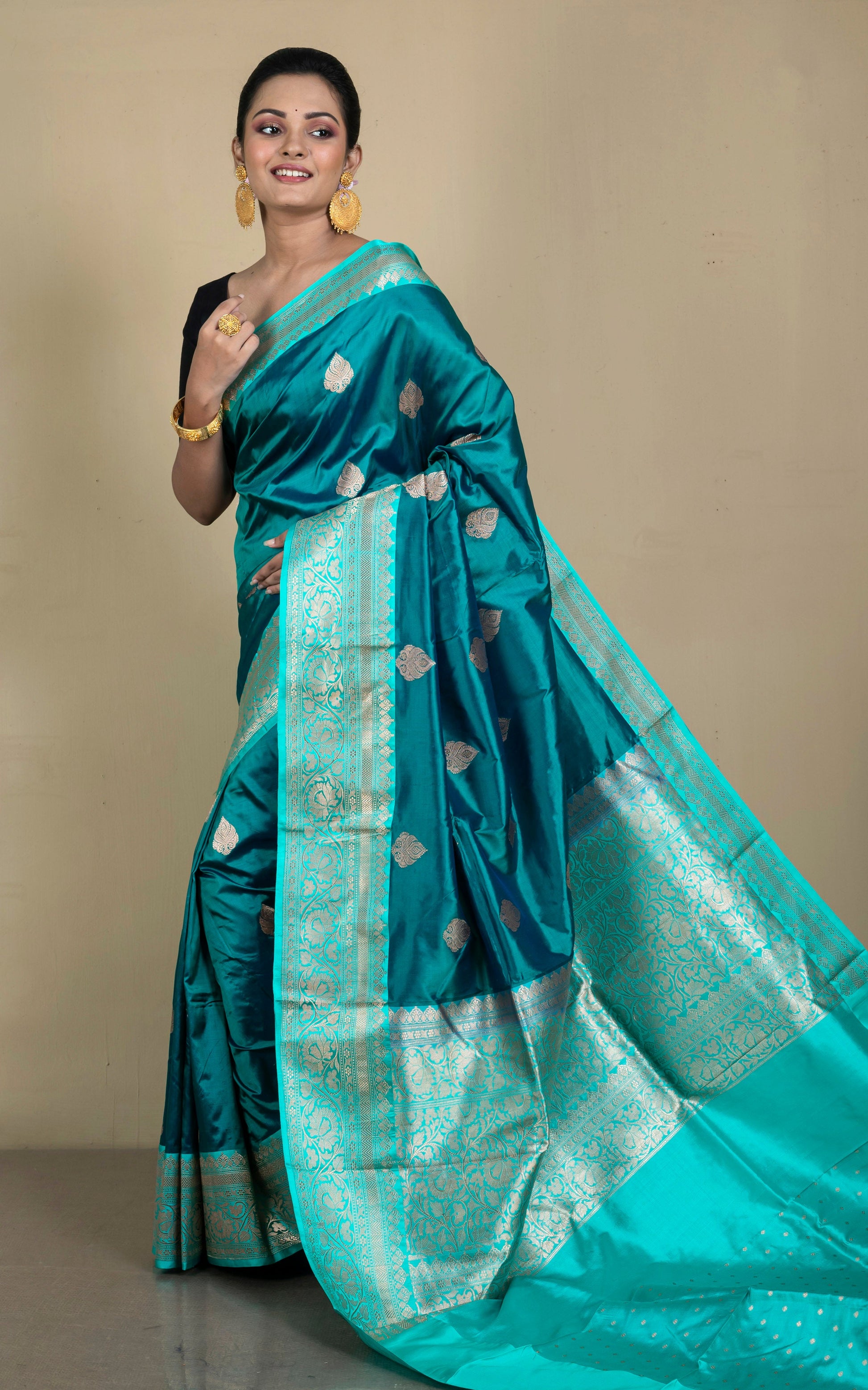 Pure Katan Banarasi Silk Saree in Dark Rama Green and Turquoise