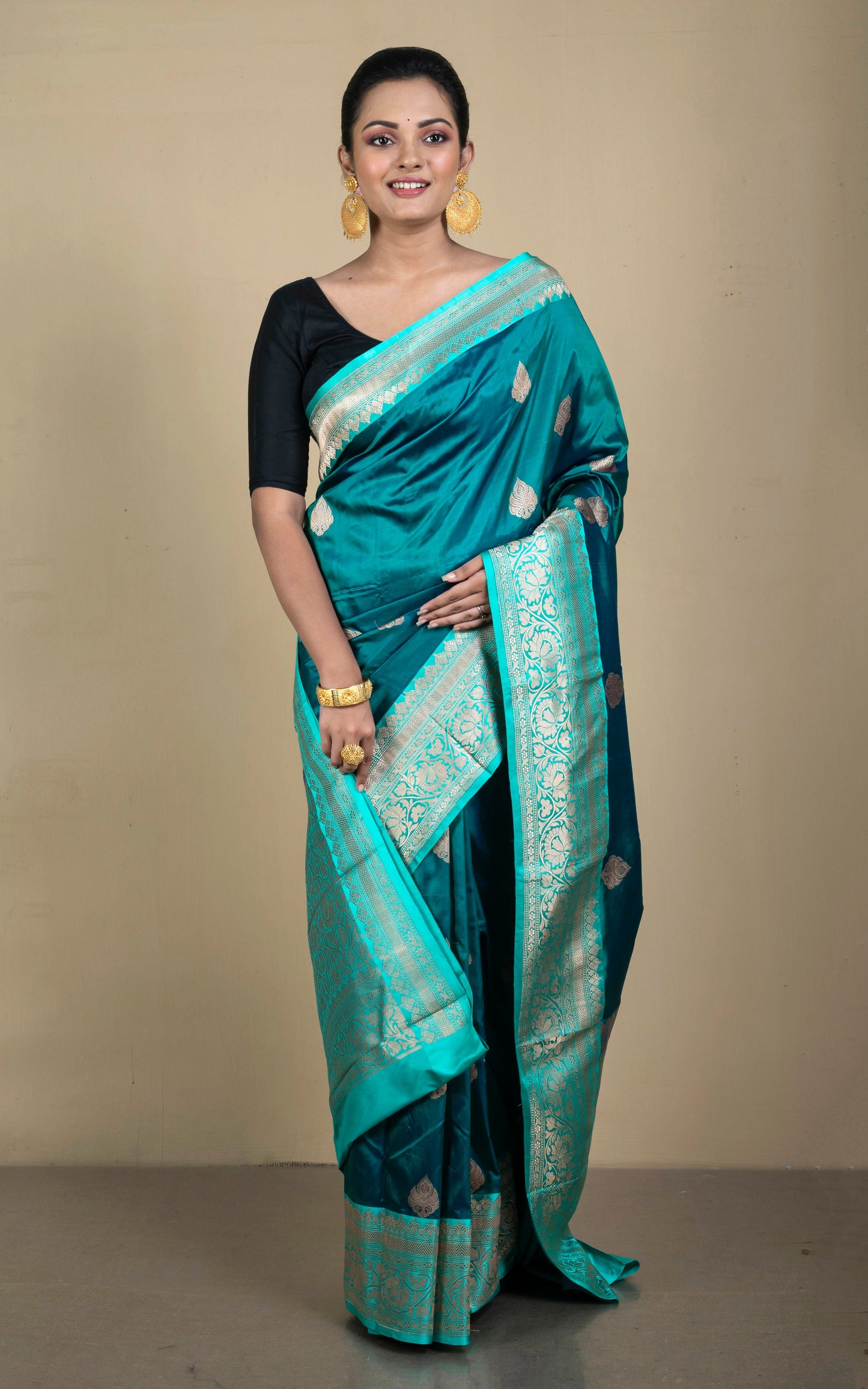 Pure Katan Banarasi Silk Saree in Dark Rama Green and Turquoise